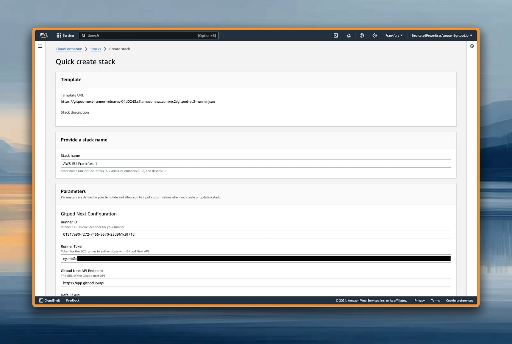 AWS CloudFormation Quick create stack page with pre-filled Enterprise Runner template parameters