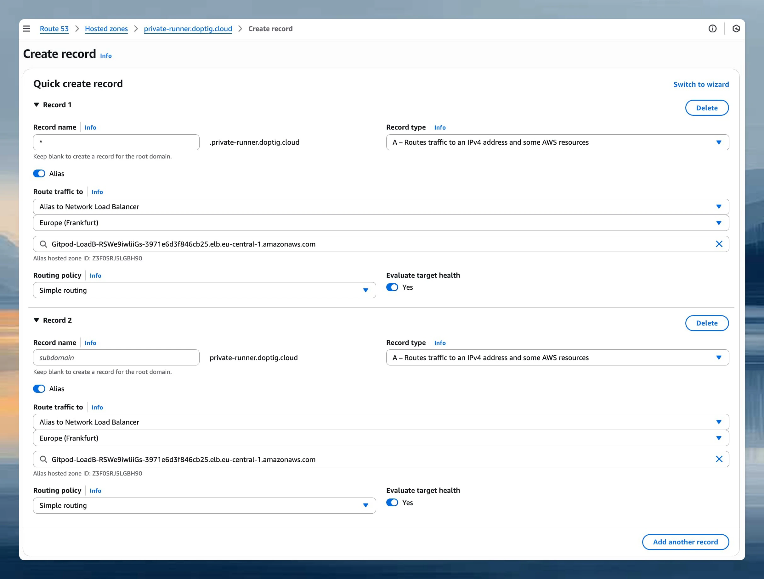 AWS Route 53 record creation showing alias configuration pointing to Network Load Balancer