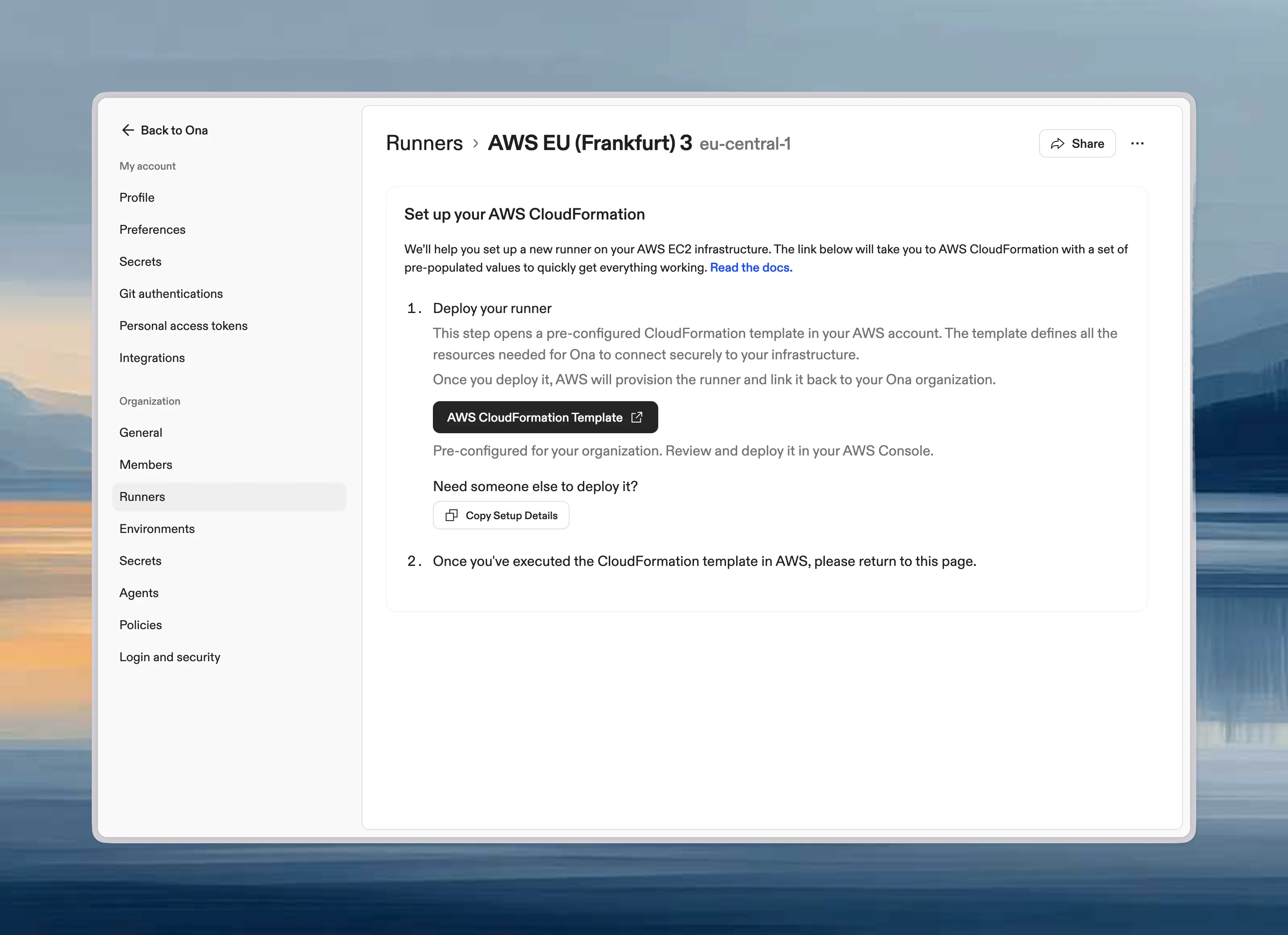 Runner details page showing CloudFormation deployment options and connection status
