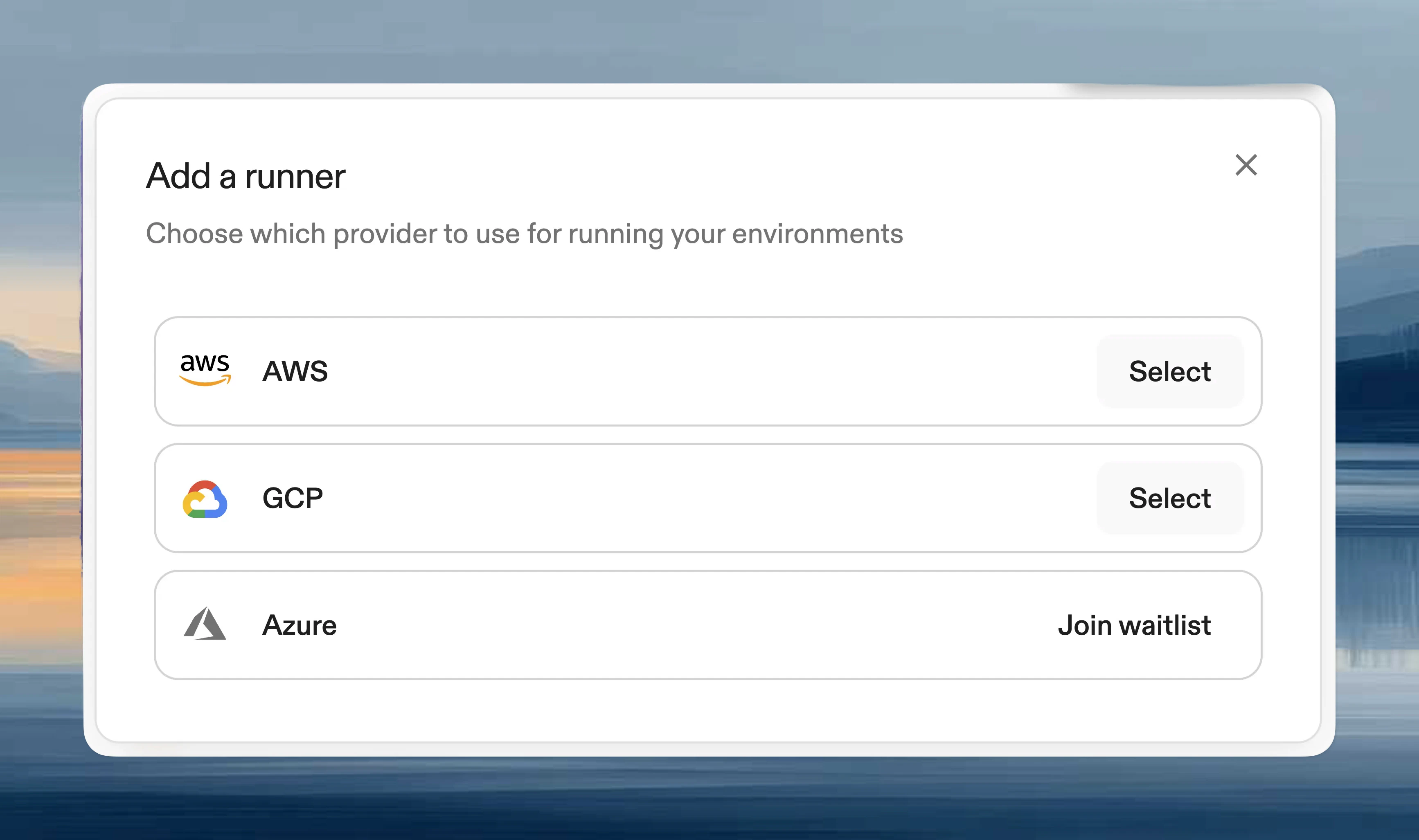 Runner provider selection showing AWS, GCP, and other cloud options