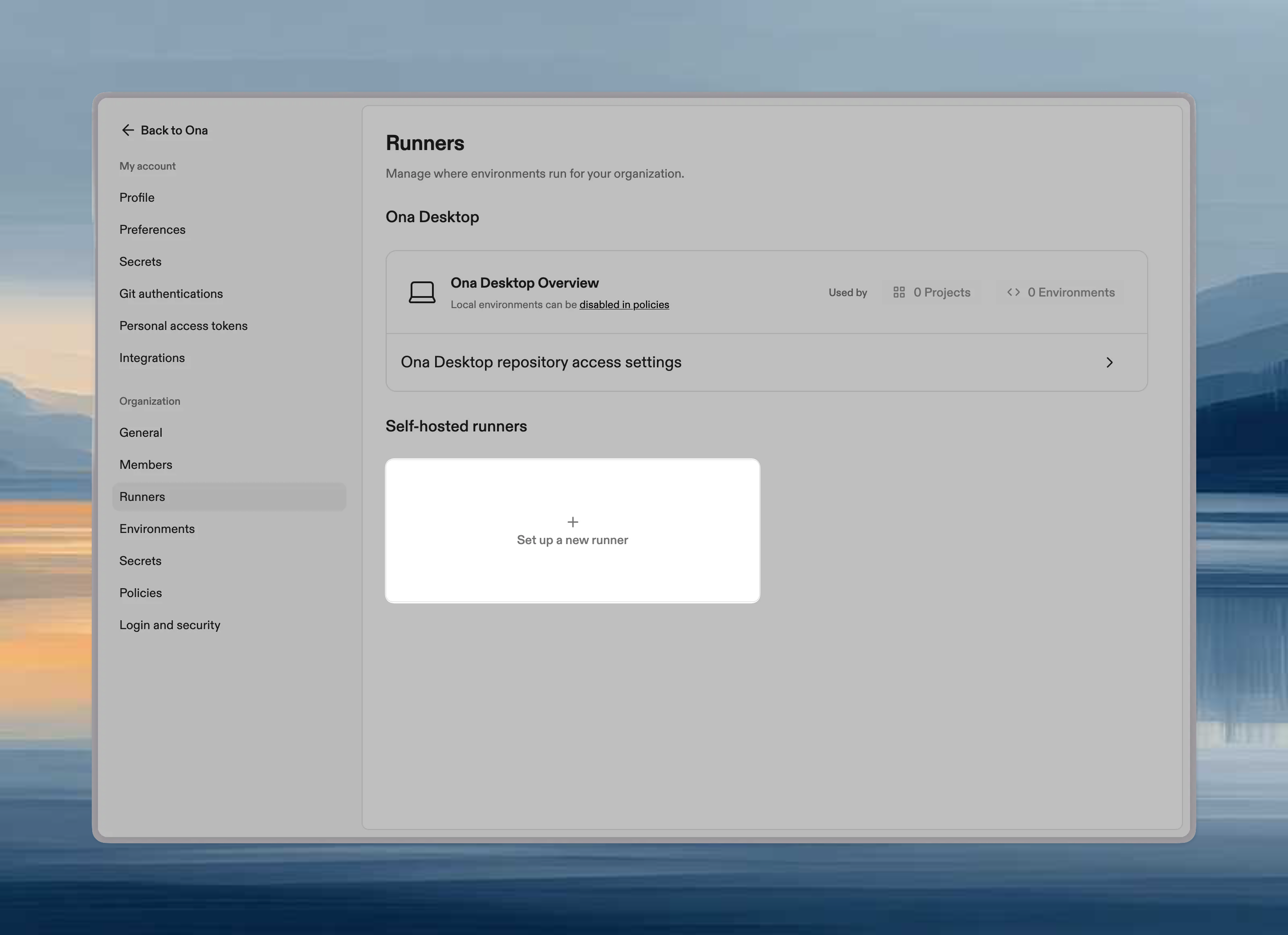 Ona settings page showing Runners section with Setup a new runner button
