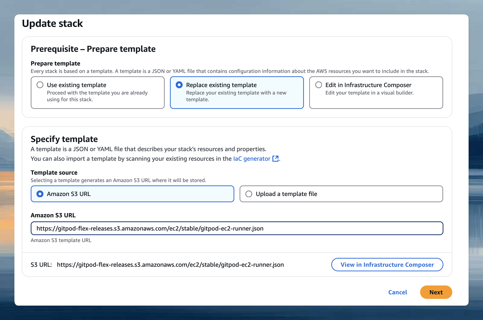 AWS CloudFormation Update stack dialog with Replace existing template option selected