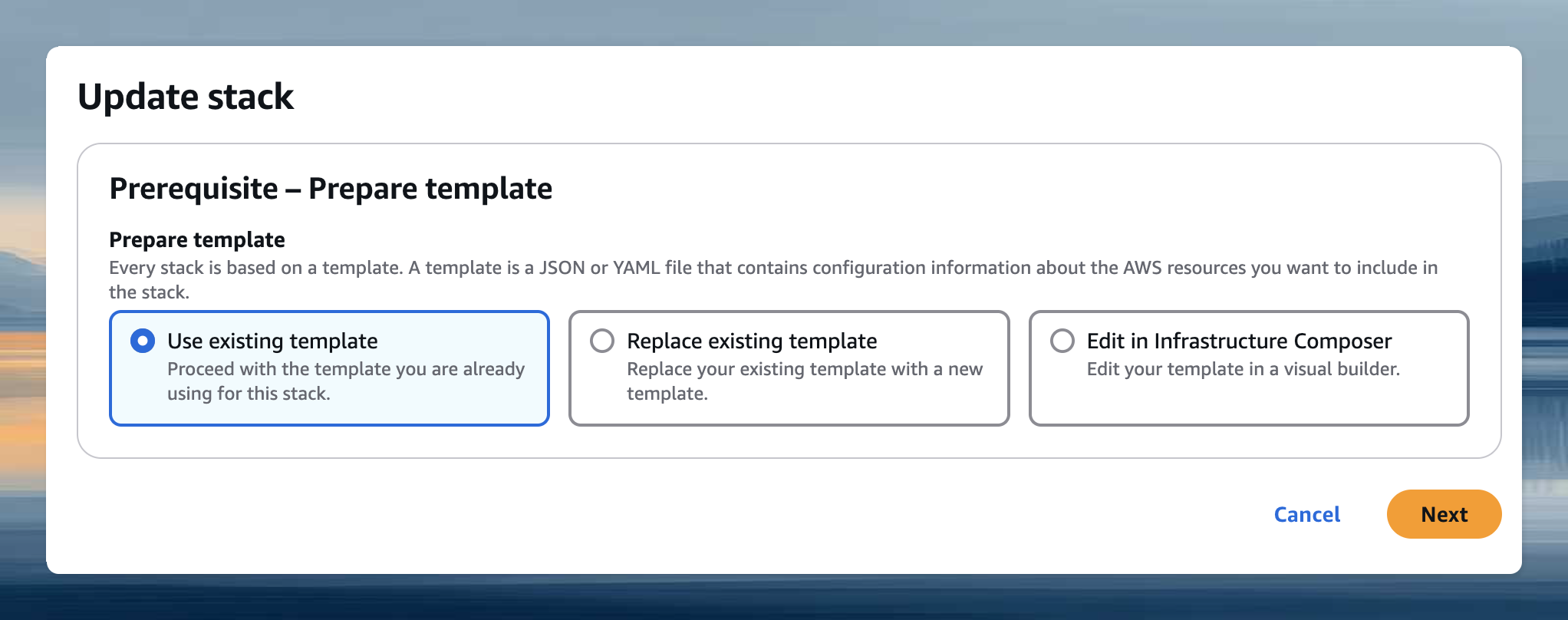 AWS CloudFormation Update stack dialog with Use existing template option selected