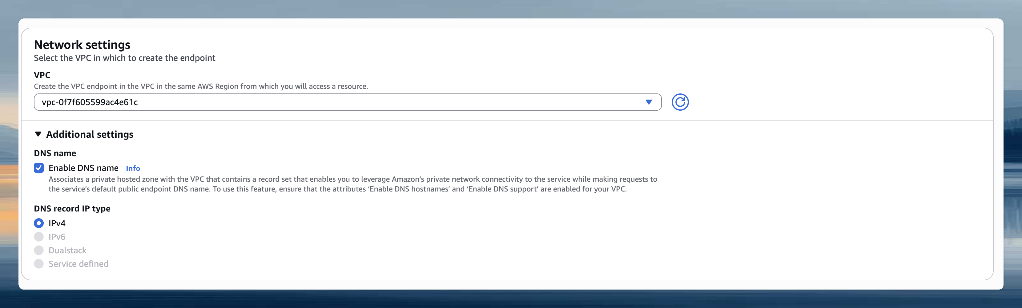 AWS VPC endpoint network configuration showing VPC, subnet, and DNS name settings