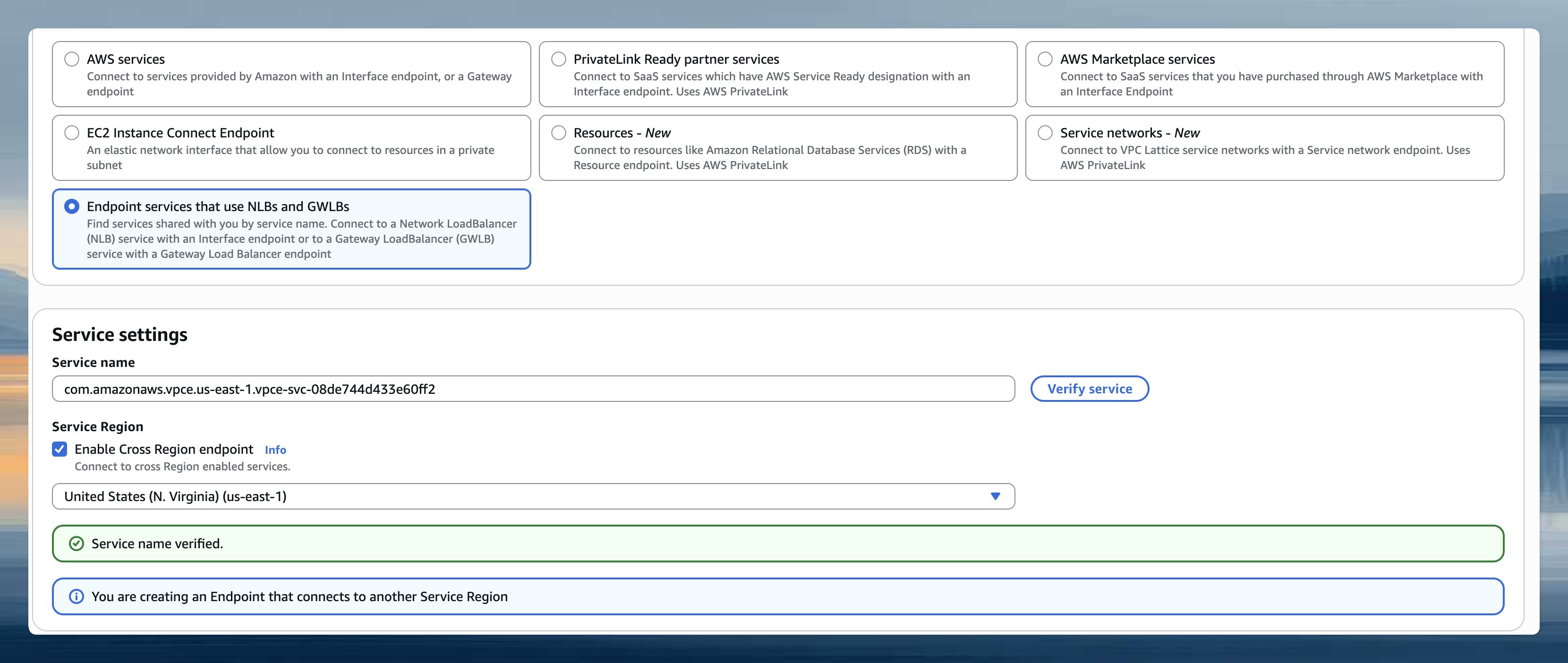 AWS VPC endpoint creation showing service name verification and cross-region endpoint settings