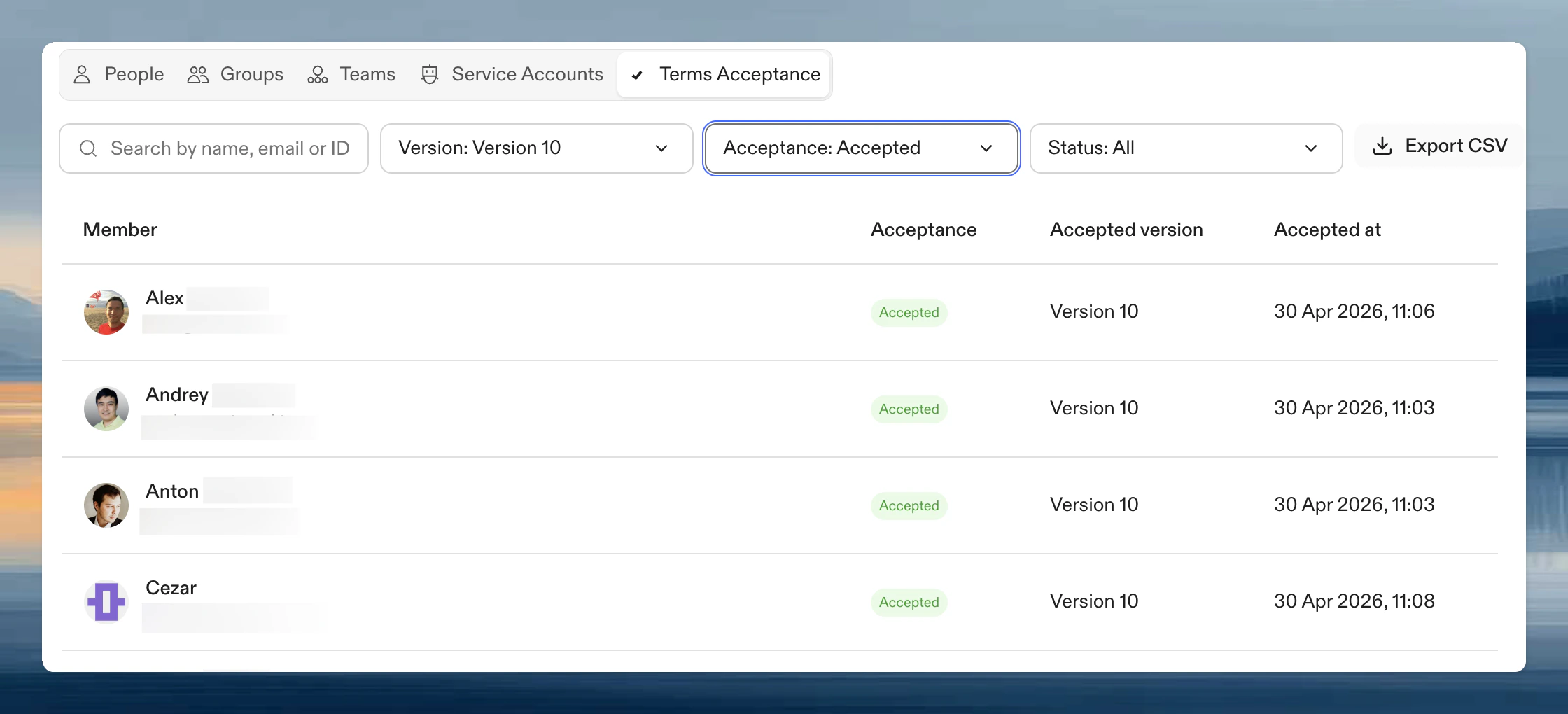 Terms Acceptance tab showing filters for version, acceptance status, member status, and accepted members
