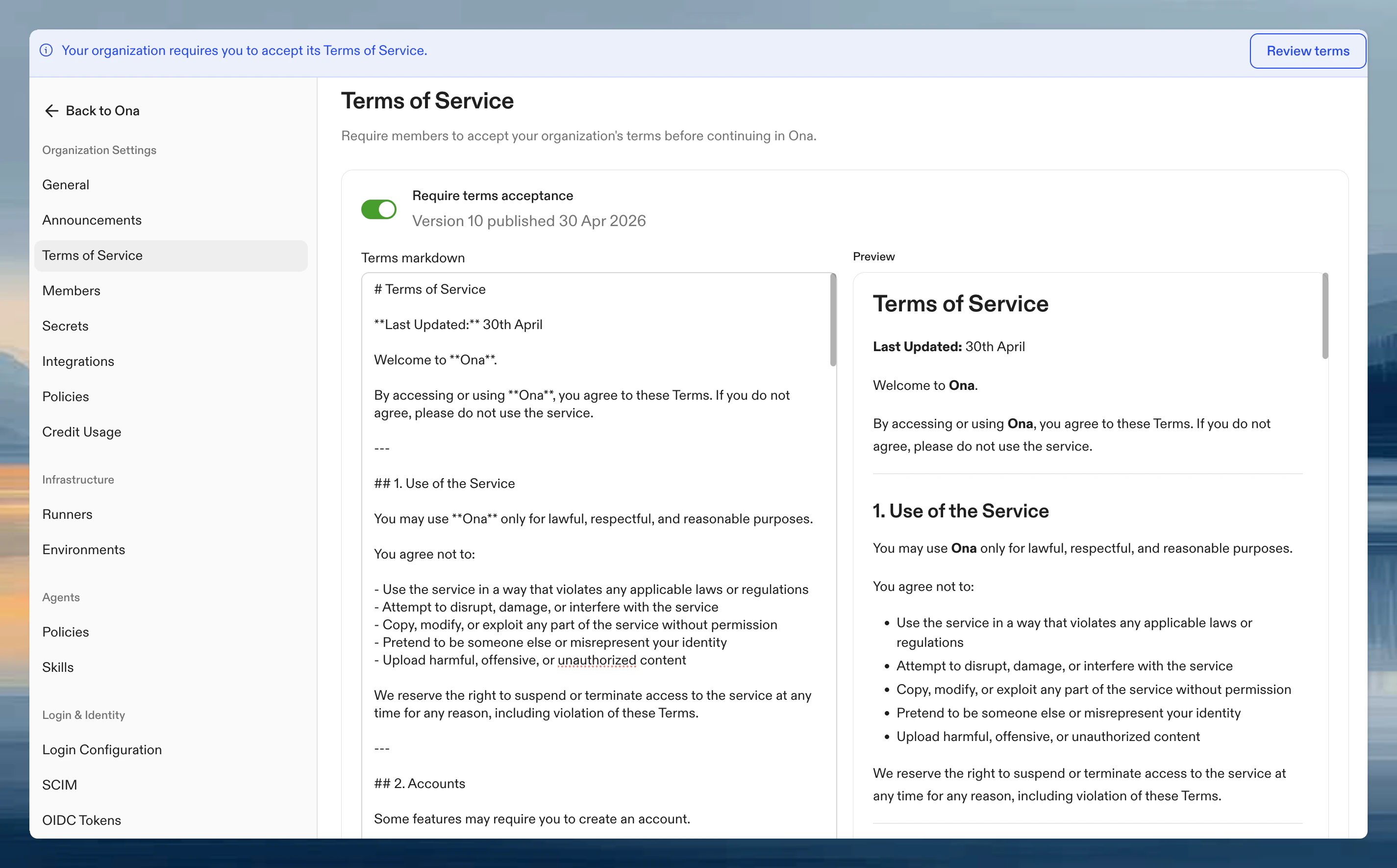 Terms of Service settings page showing the acceptance toggle, Markdown editor, and live preview