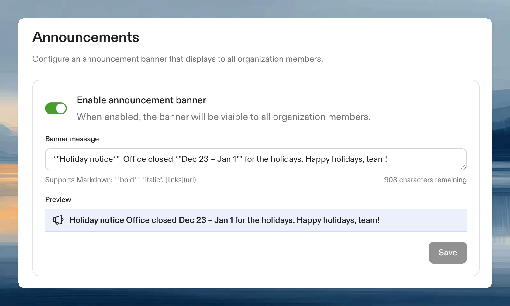 Banner message editor showing a holiday notice with Markdown formatting and live preview