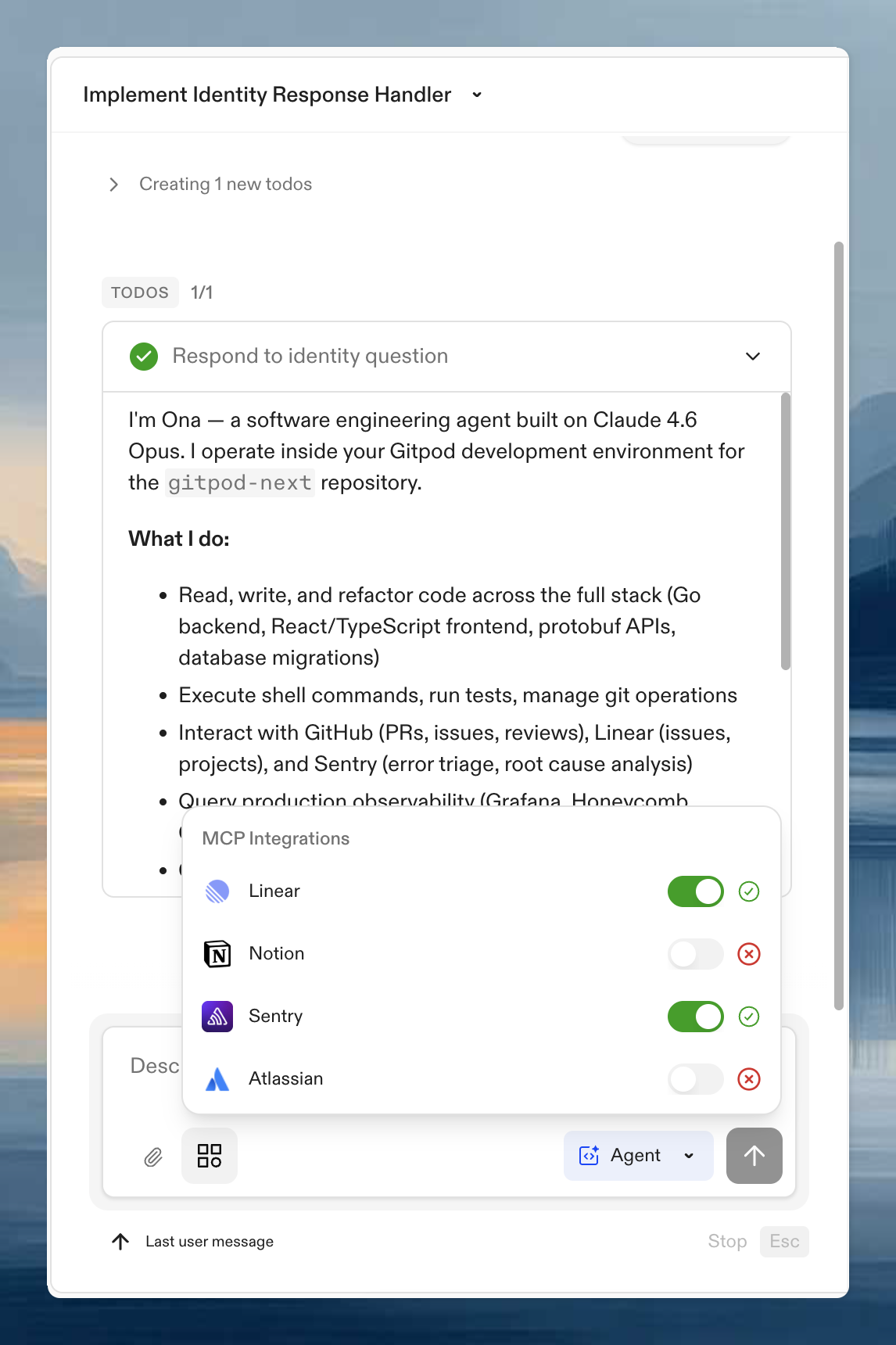 MCP Integrations panel showing available integrations with status indicators