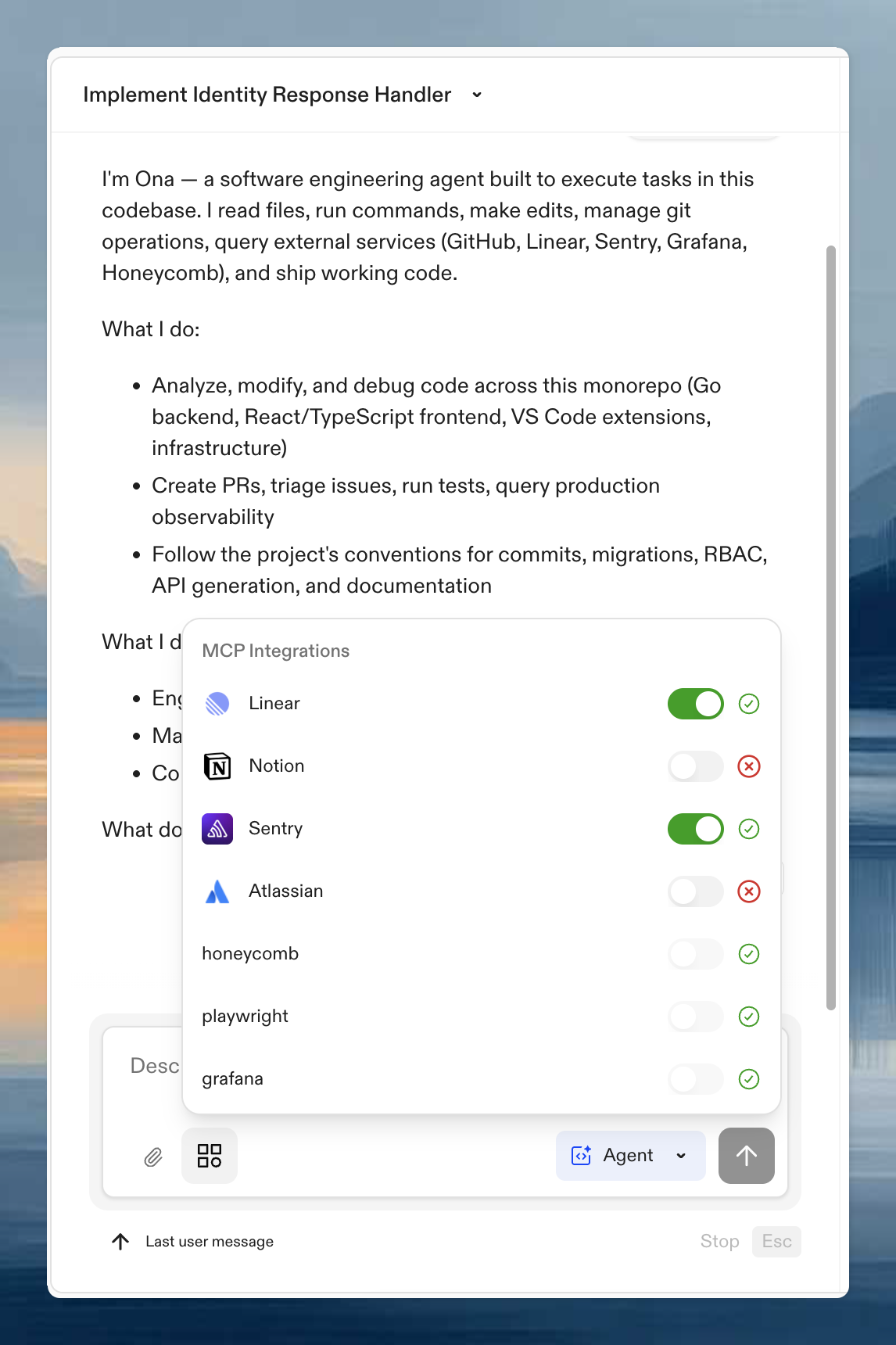 MCP Integrations panel showing available servers with status indicators and error messages