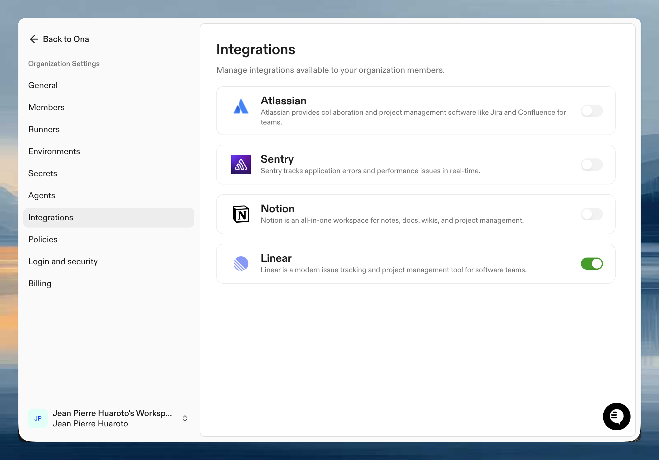 Organization integration settings
