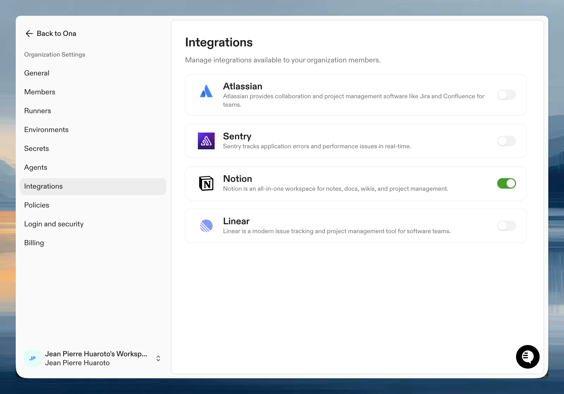 Organization integration settings
