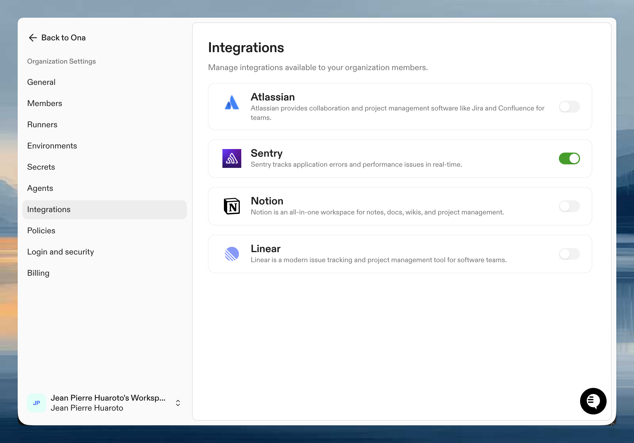 Organization integration settings