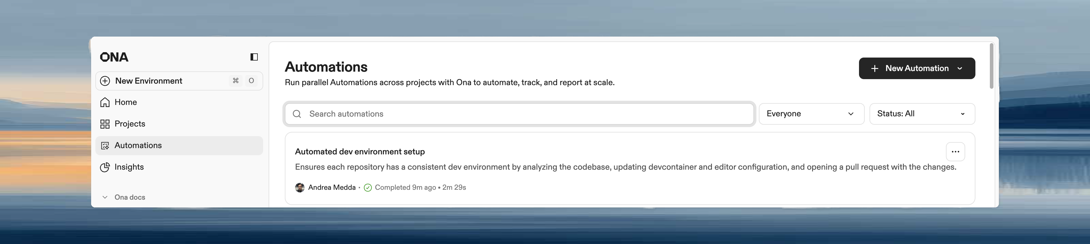 Automations page with New Automation button