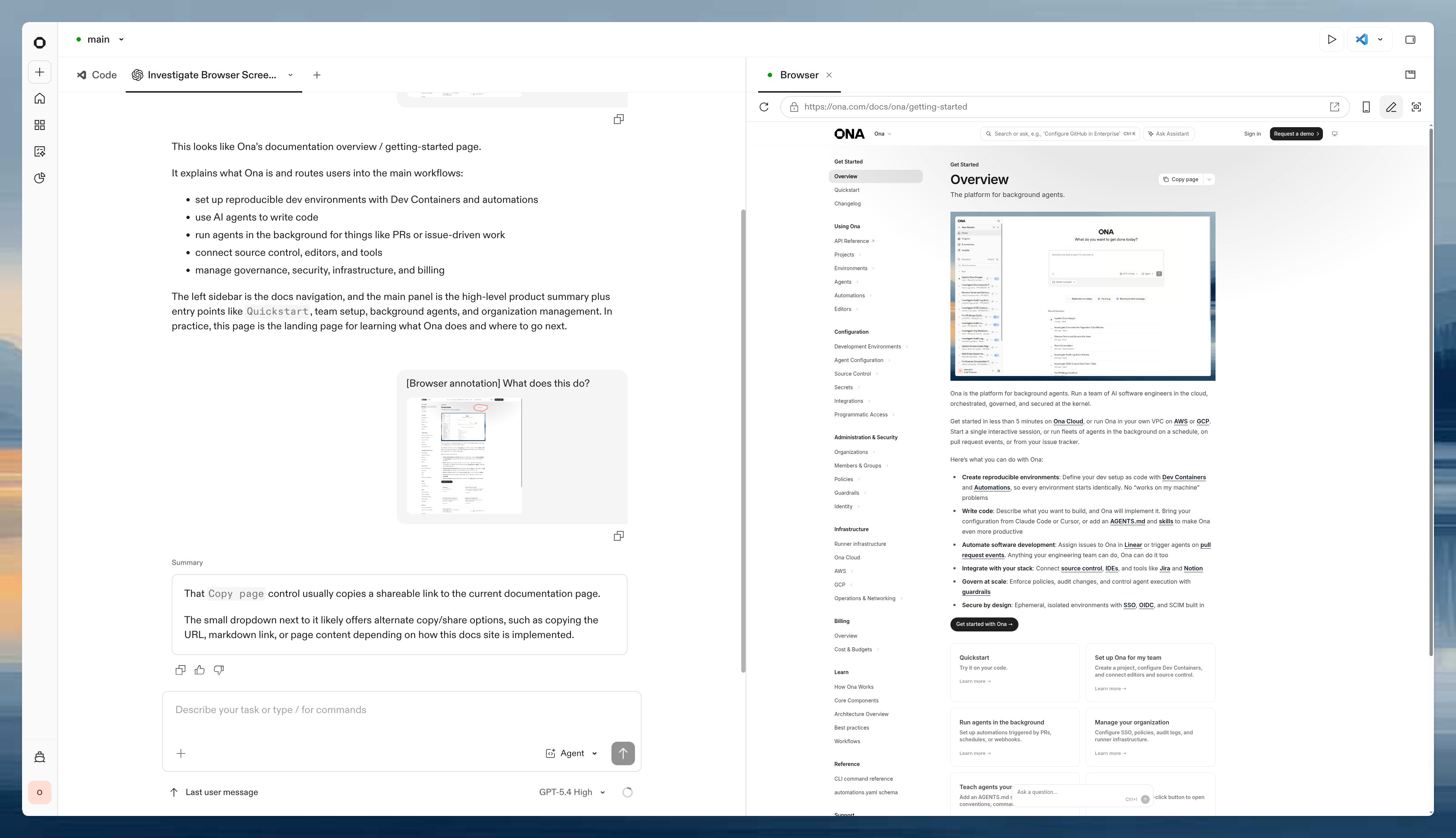 Annotated Browser screenshot attached to an Ona conversation