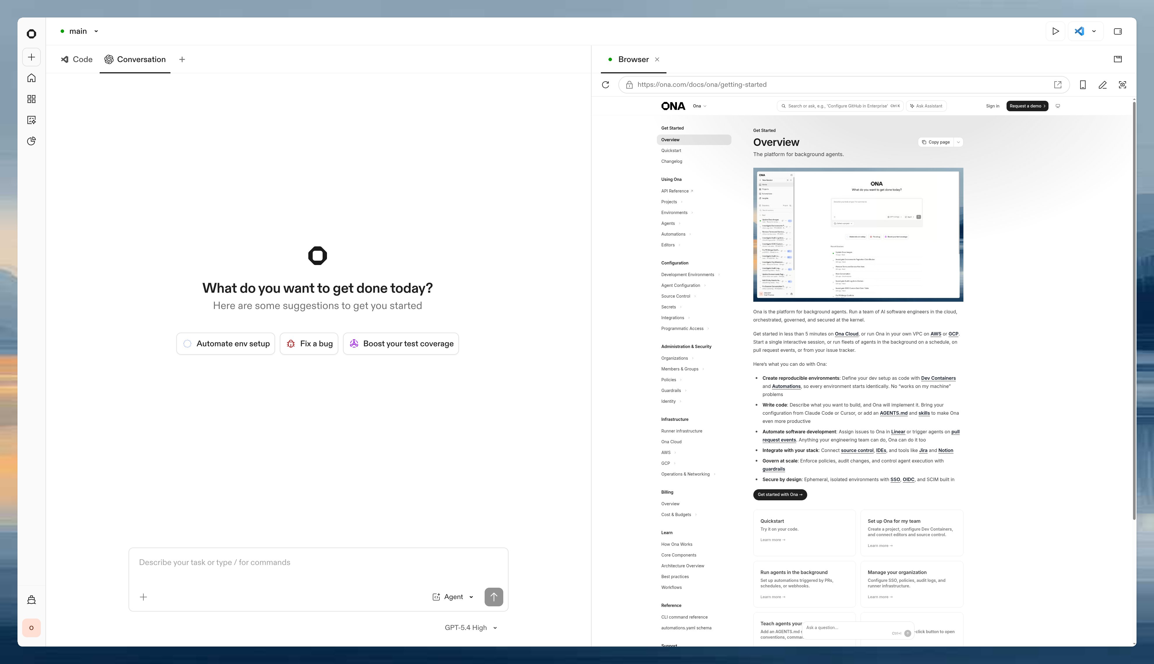 Browser tab open next to an Ona conversation in a running environment