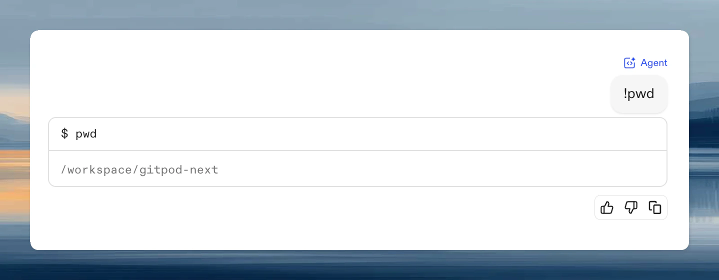 Terminal showing bash commands executed with the ! prefix, displaying command output inline in the session
