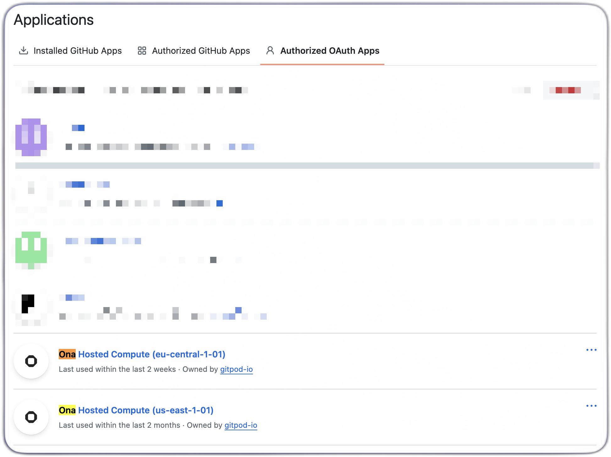 GitHub OAuth Applications list