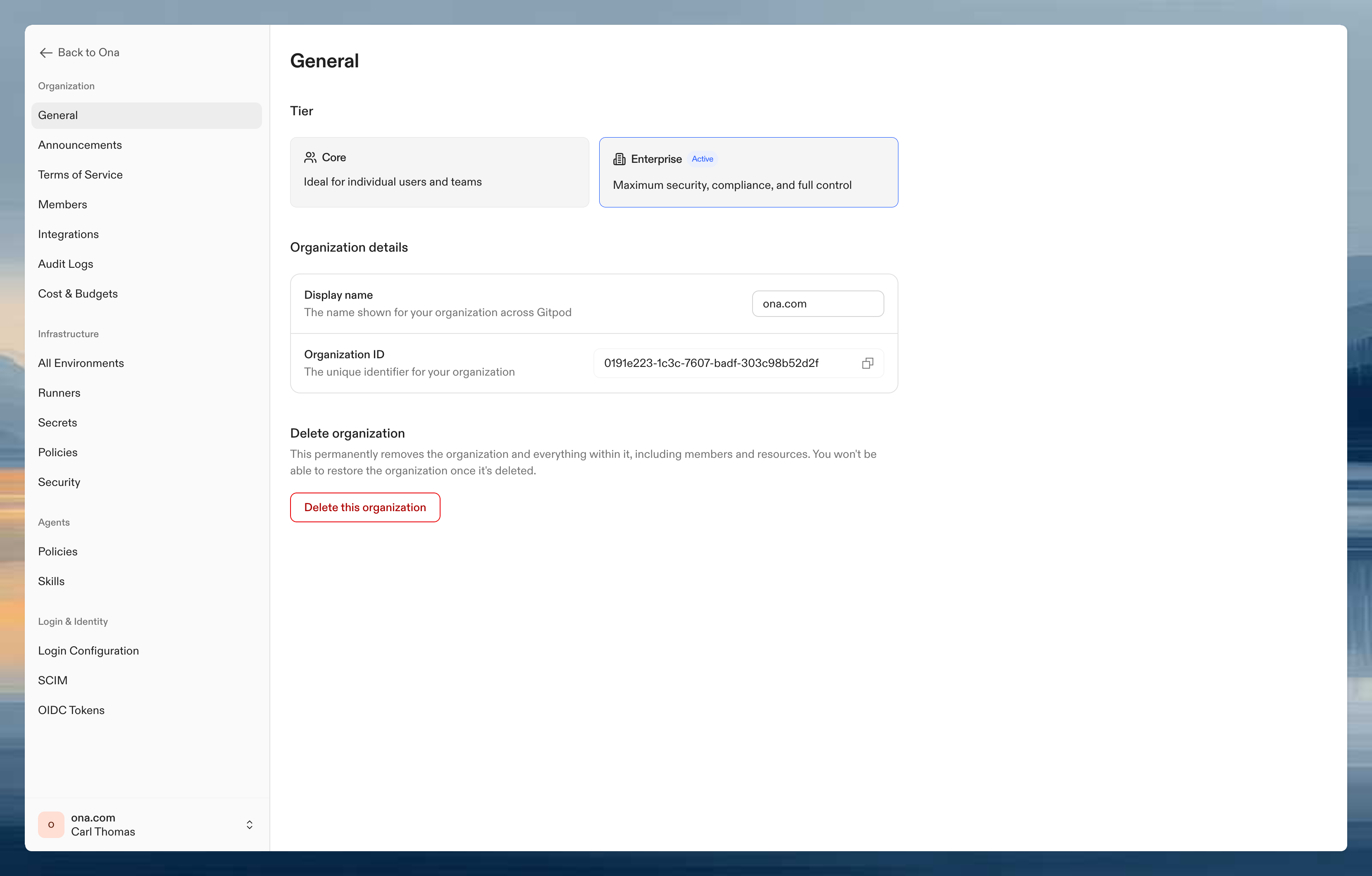 Organization general settings page showing display name, tier, organization ID, and delete organization
