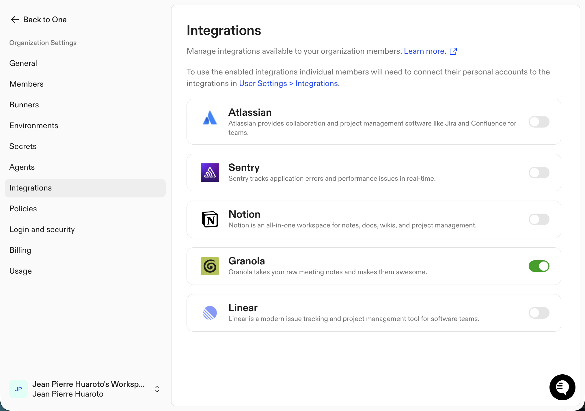 Organization integration settings