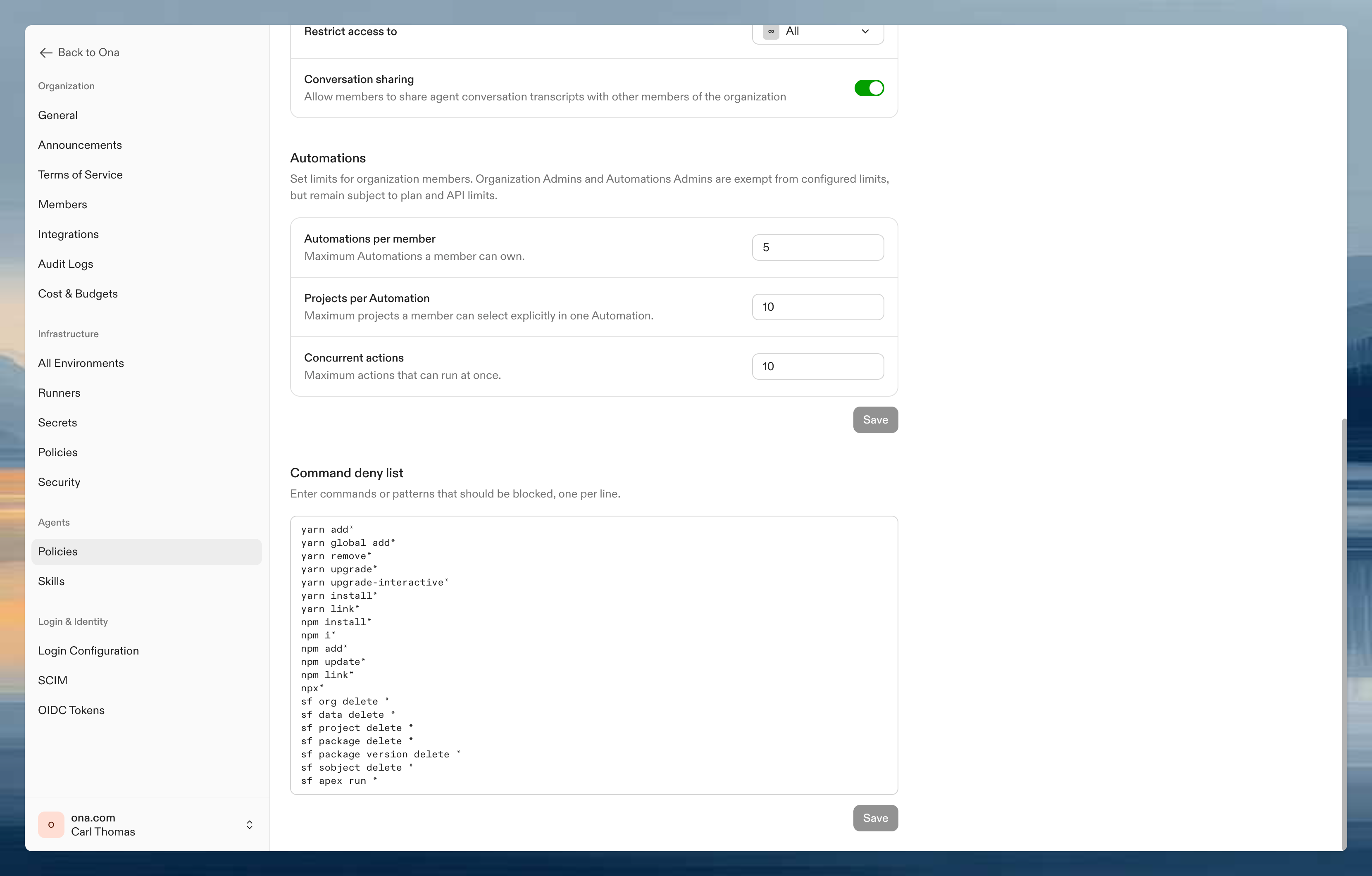 Agents settings page showing Command Deny List text area with blocked command patterns