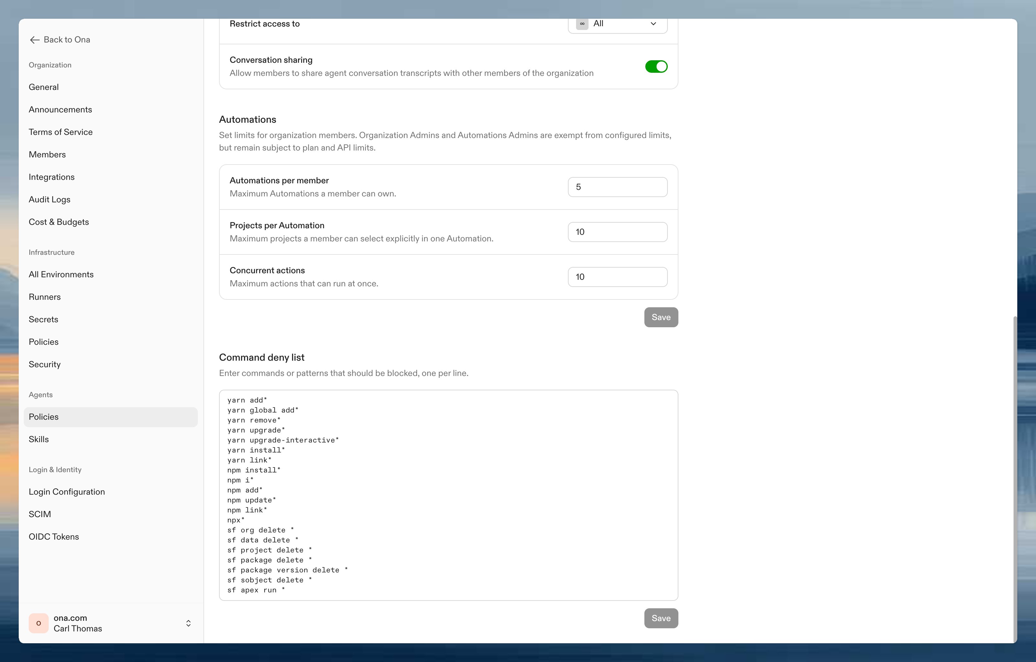 Agents settings page showing Command Deny List text area with blocked command patterns