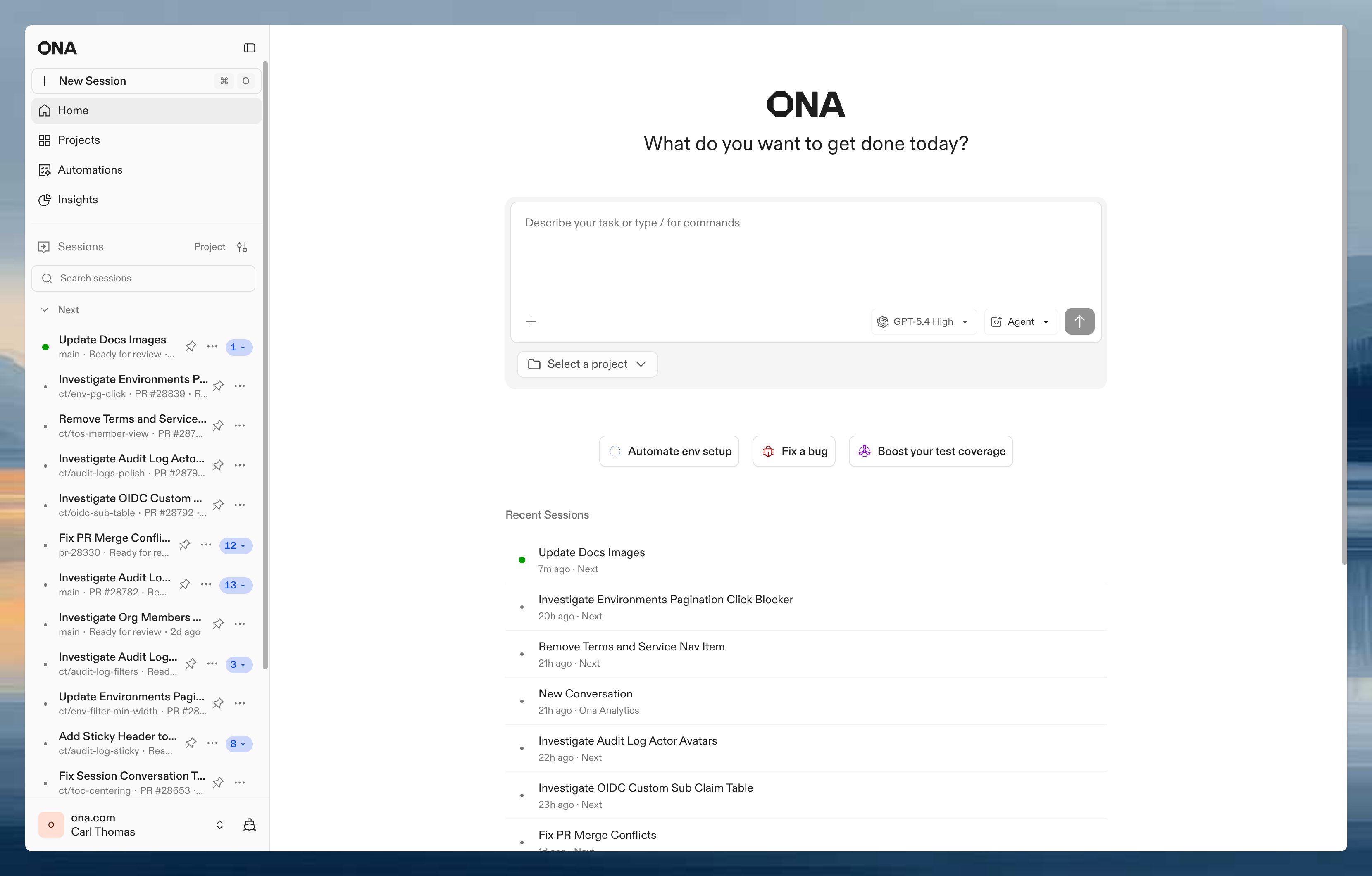 Ona home screen showing a new session prompt, left navigation, and quick actions for common coding tasks