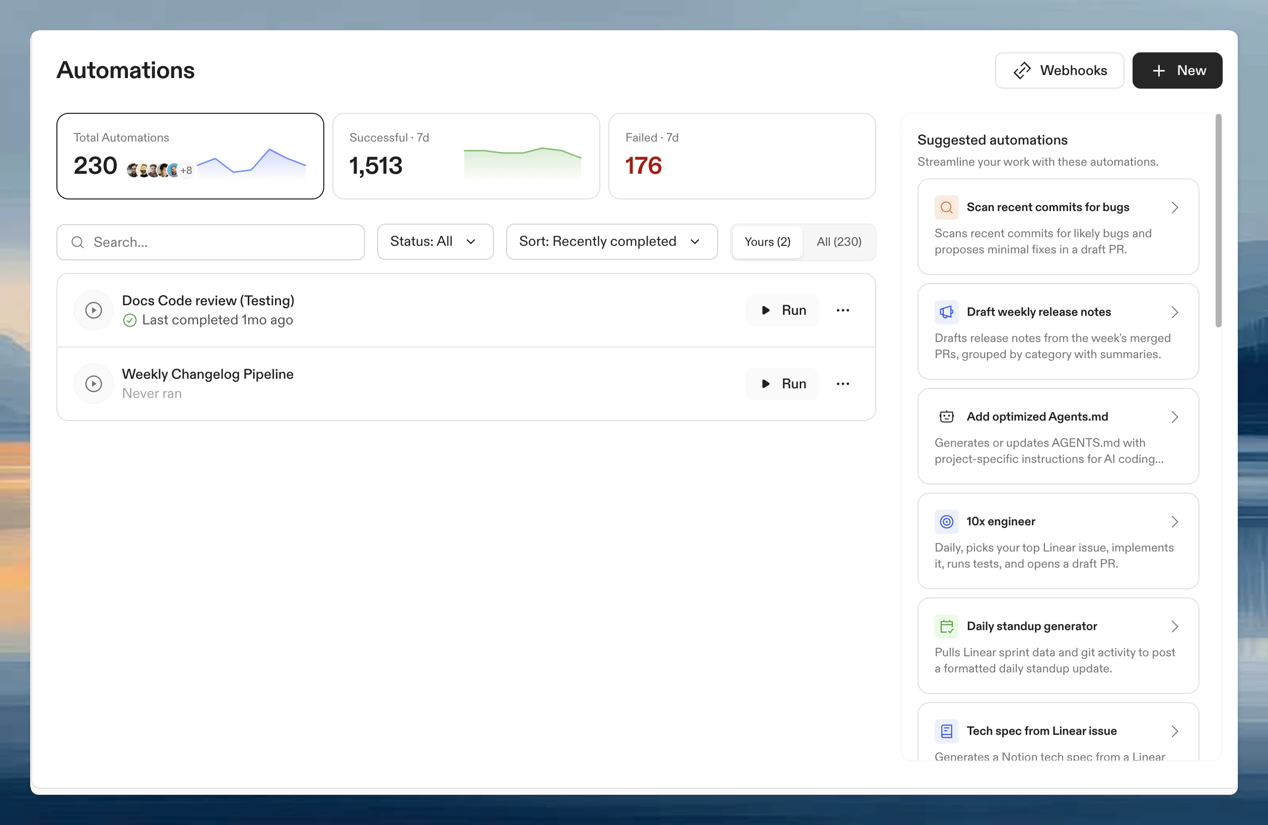 Automations page with templates