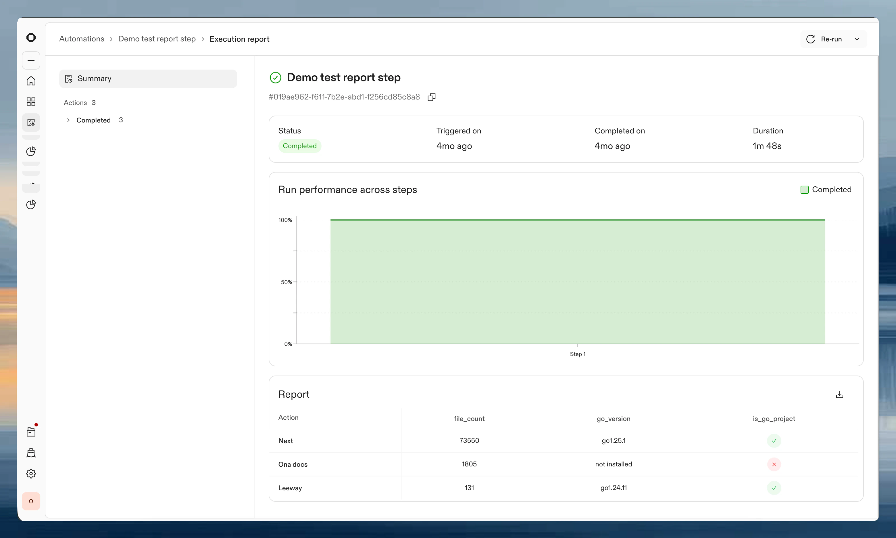 Automation execution dashboard with action statuses and logs