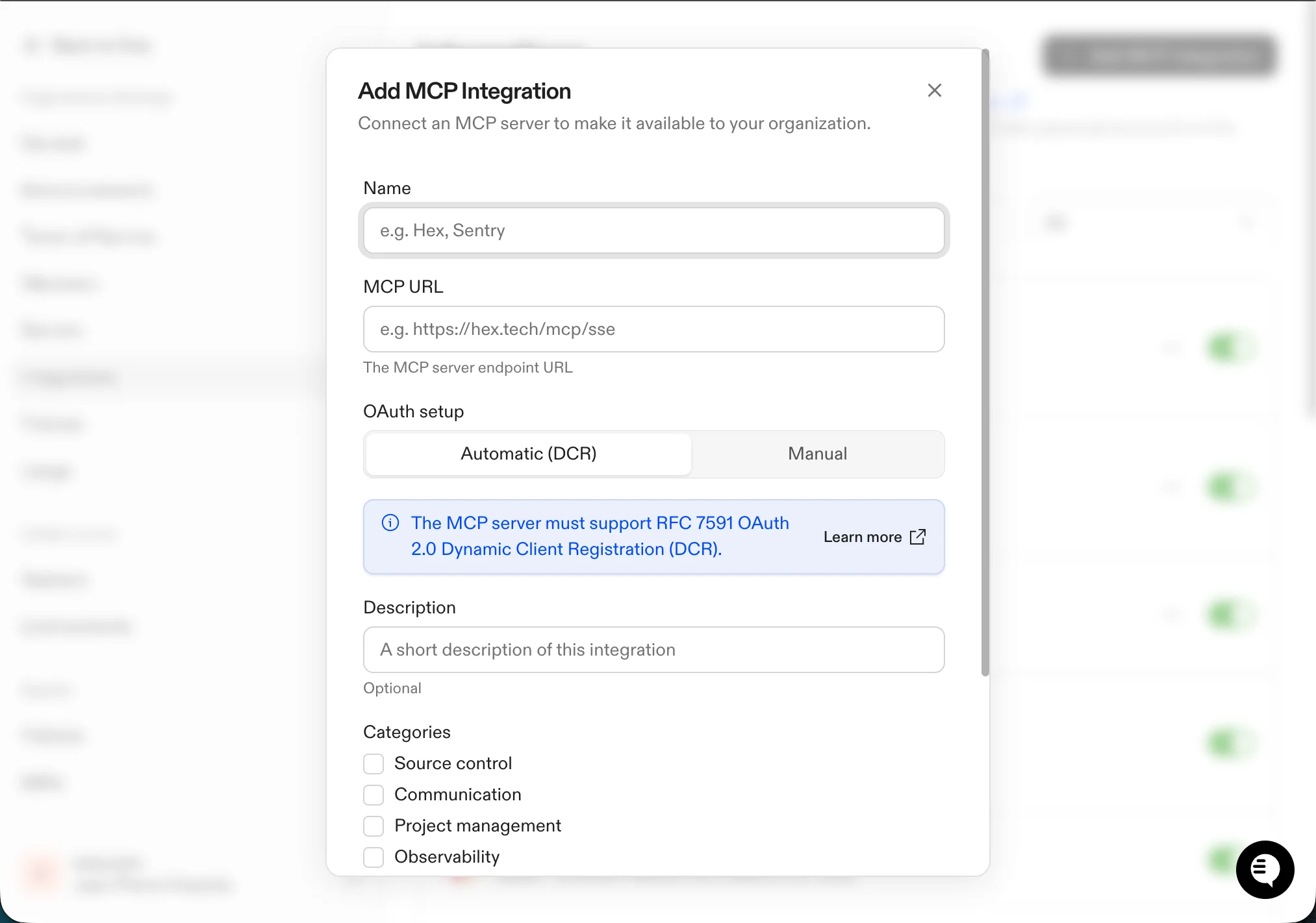 Add MCP Integration dialog with Automatic (DCR) OAuth setup selected