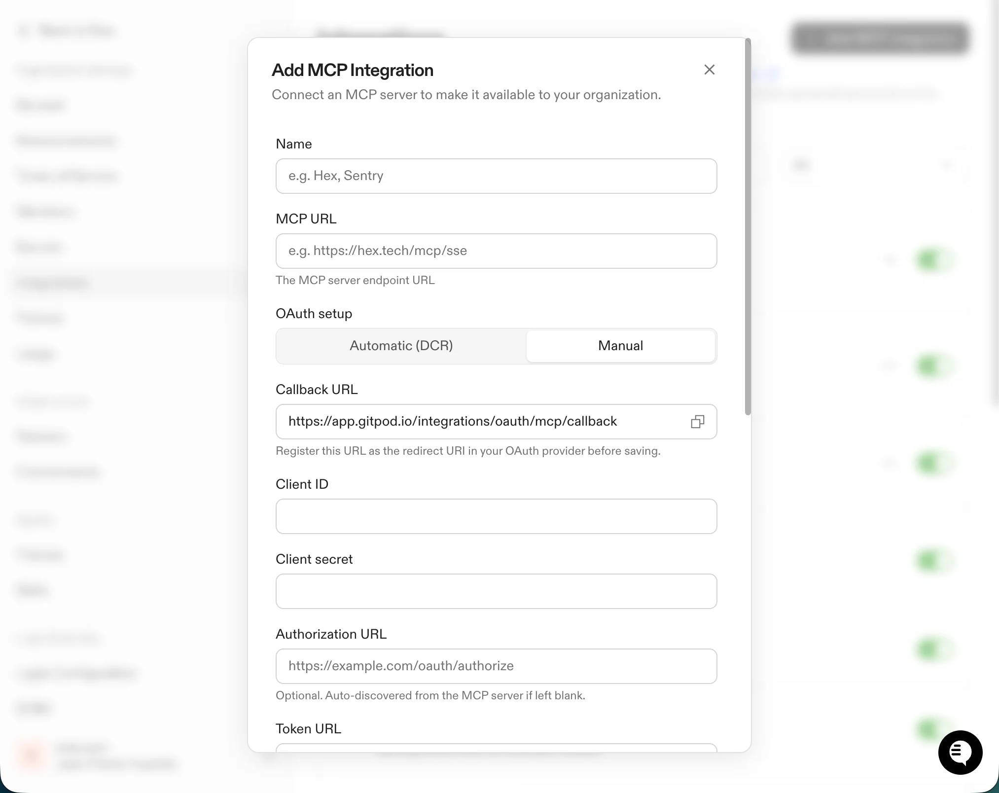 Add MCP Integration dialog with Manual OAuth setup selected, showing Callback URL, Client ID, and Client secret fields