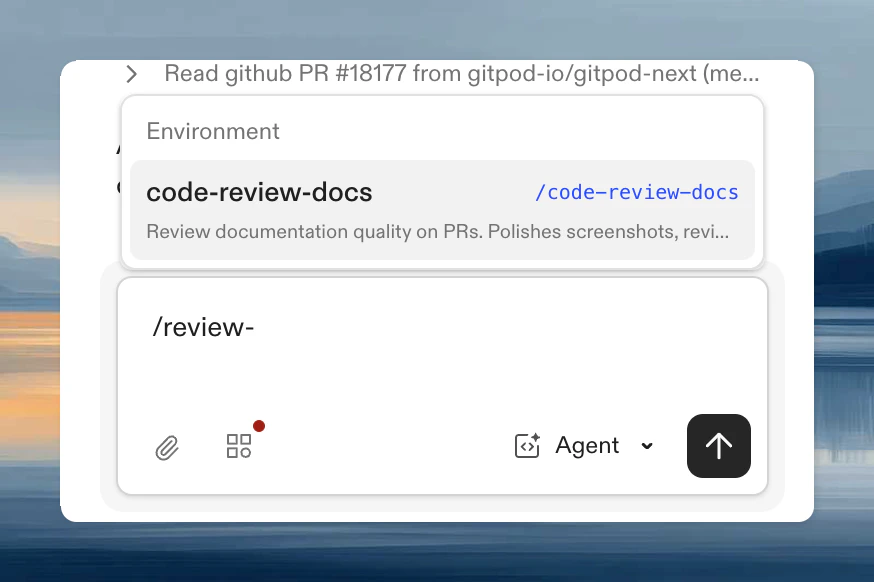 Ona Agent chat showing slash command autocomplete for the code-review-docs skill