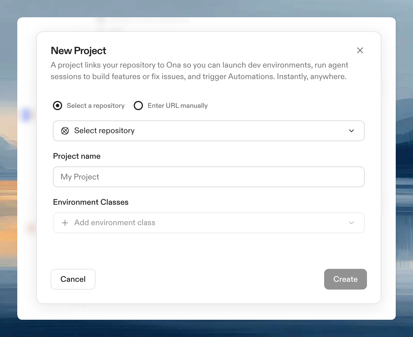 Create a project dialog with repository selector, project name, and environment classes