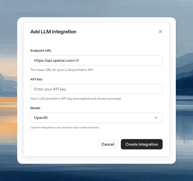 OpenAI LLM integration form showing endpoint URL, API key, and OpenAI model fields