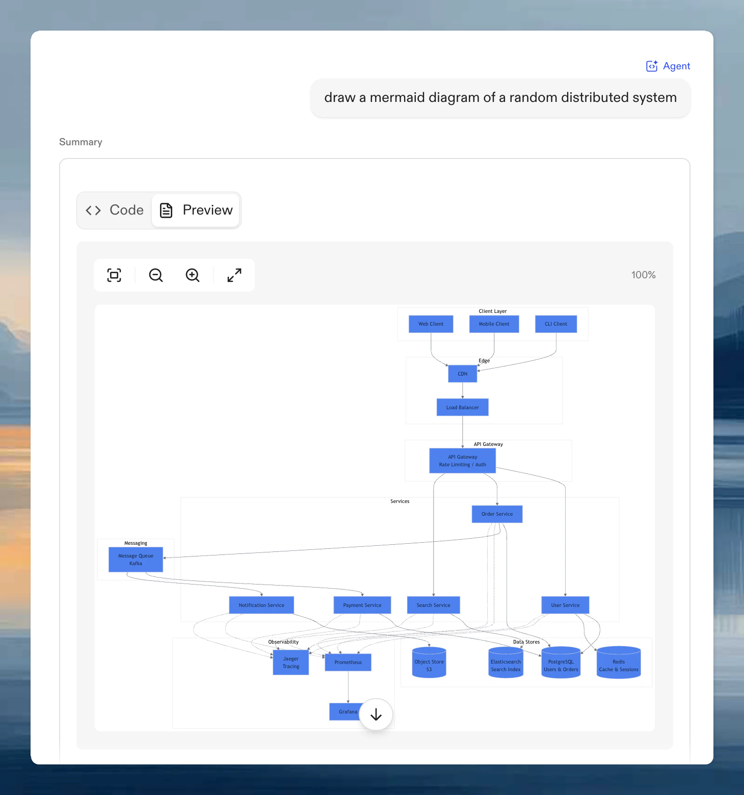 Ona Agent generating a Mermaid diagram of a distributed system architecture with code and preview tabs
