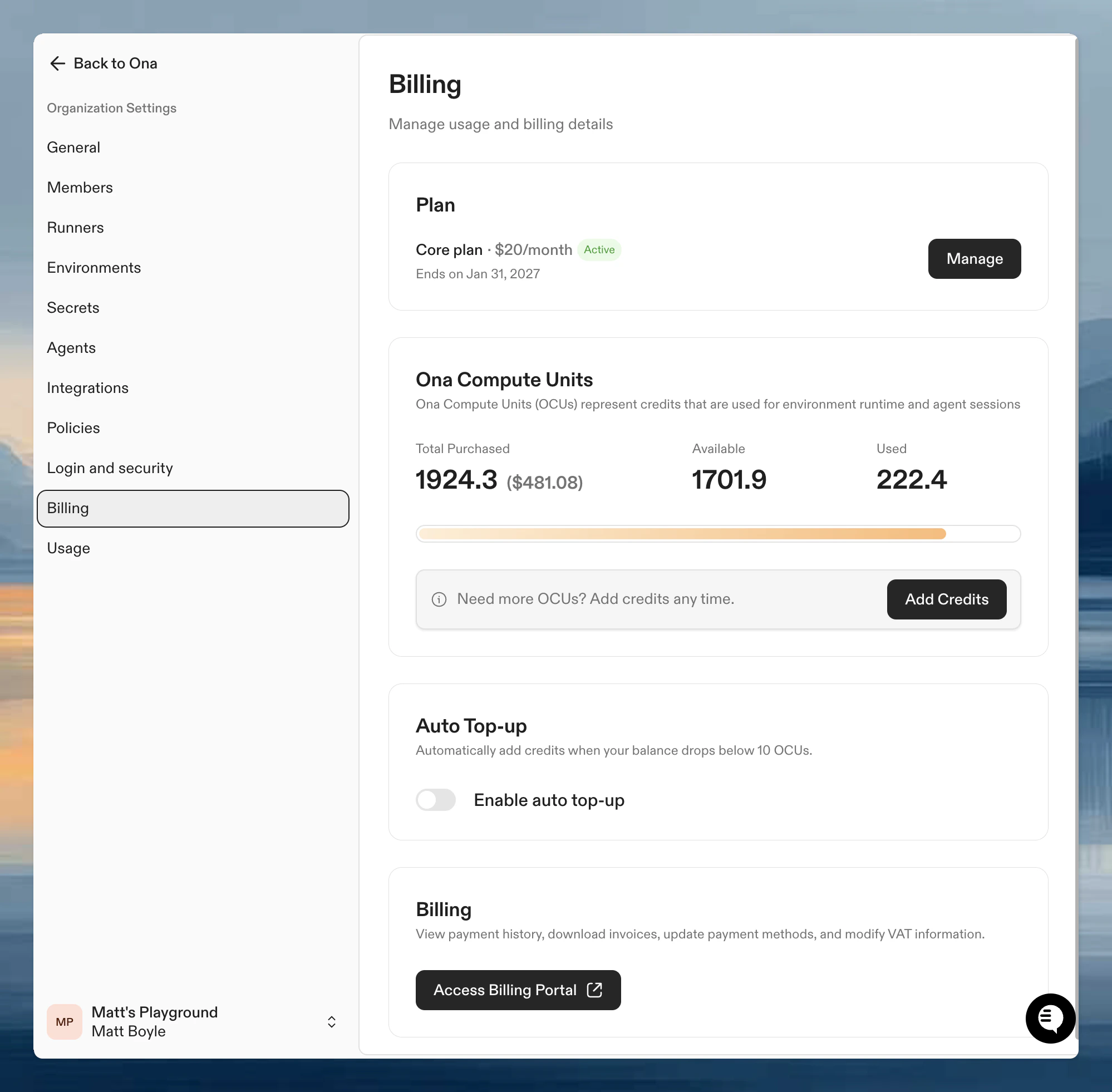 Ona billing settings page showing subscription status, payment method, and credit balance