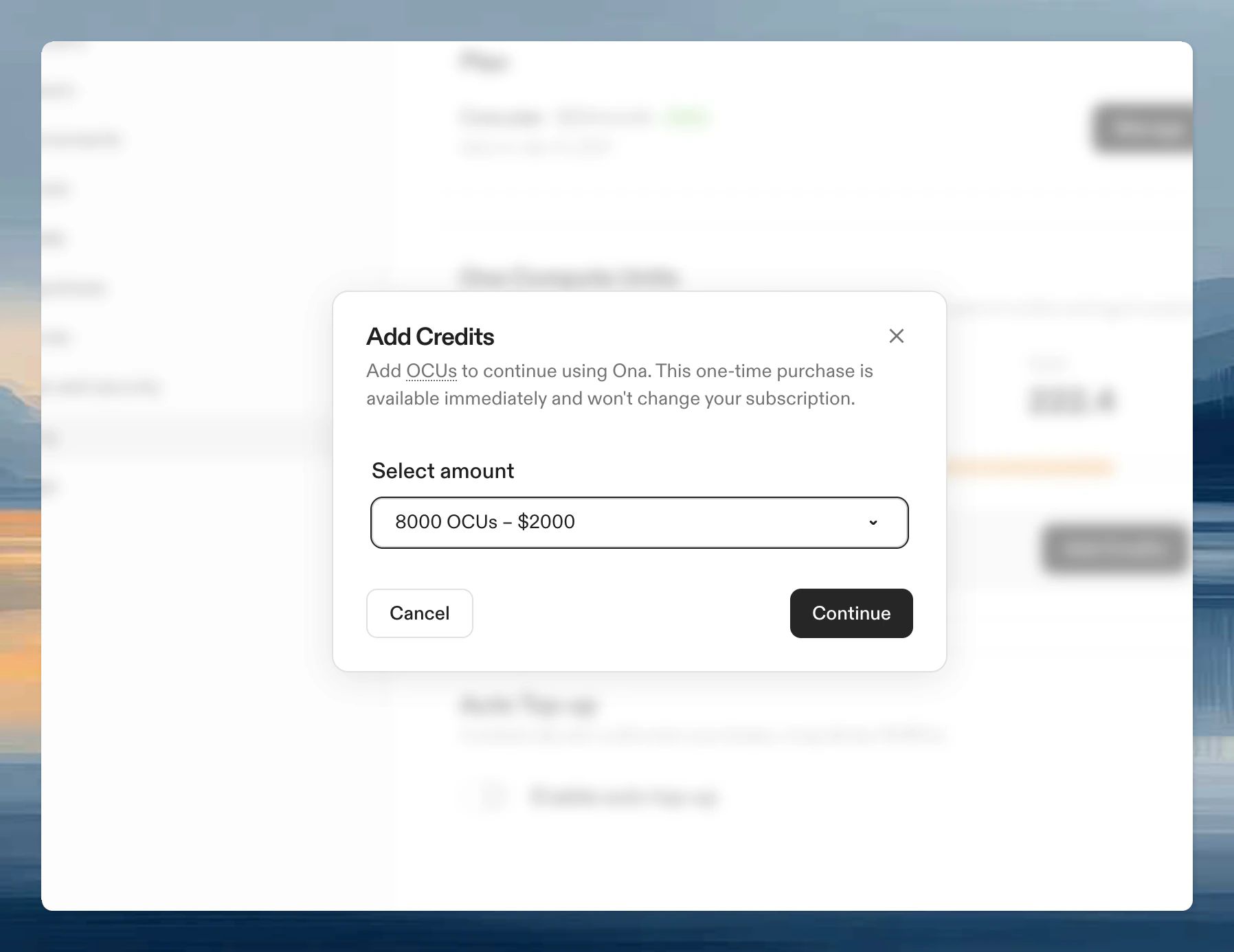 Credit top-up dialog showing options to purchase additional credits