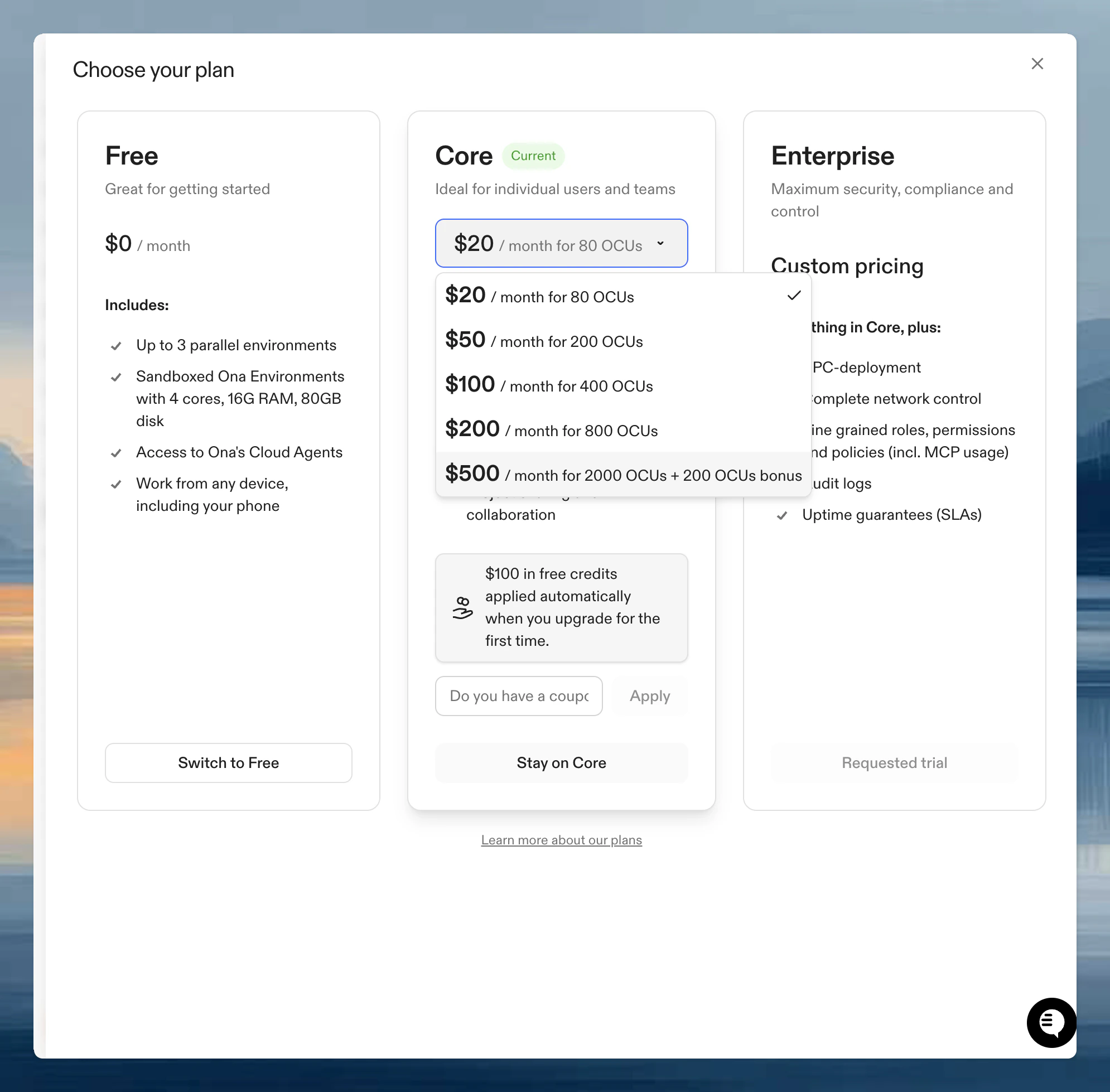 Plan selection interface showing different monthly credit allocation options for Core subscription