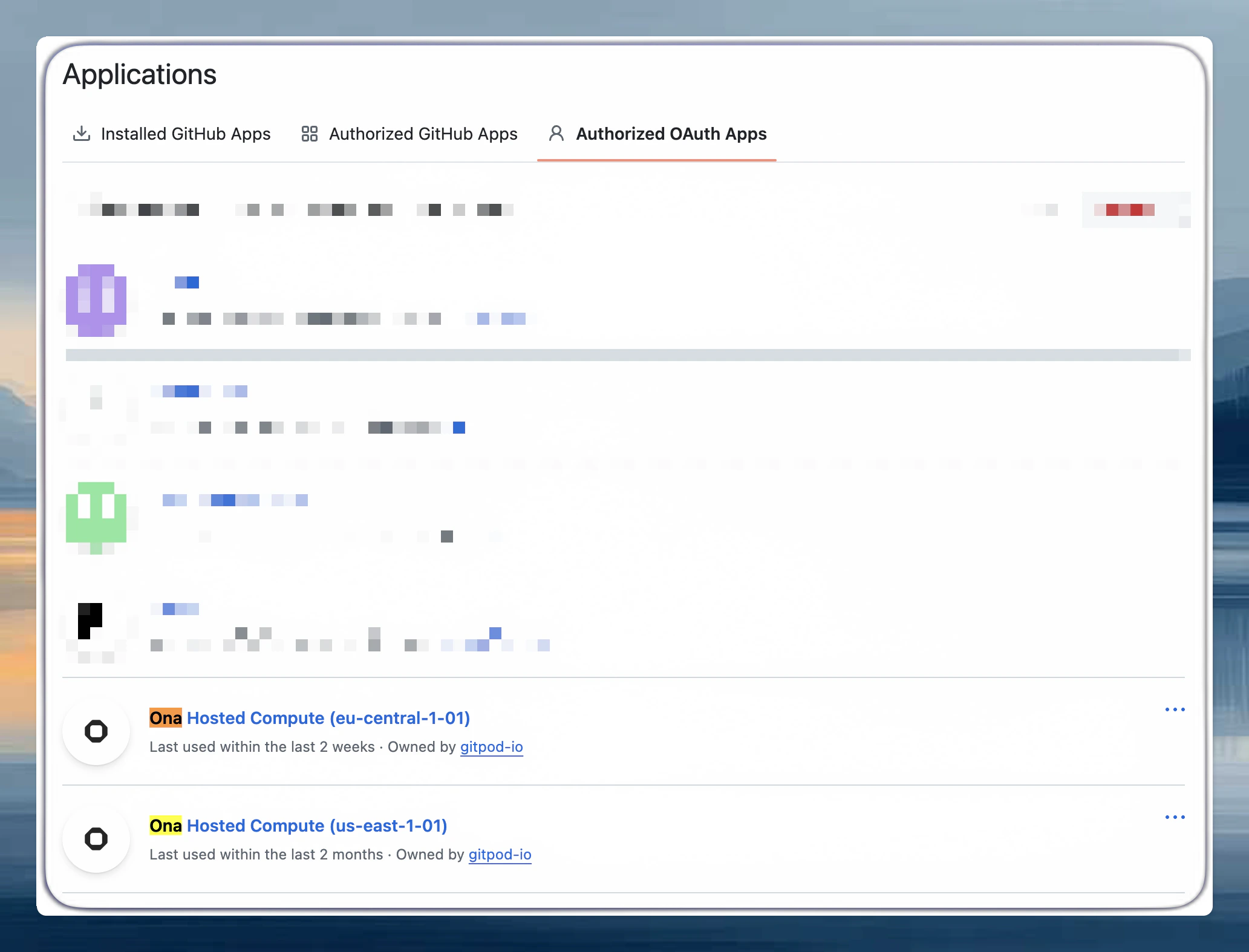 GitHub OAuth Applications list