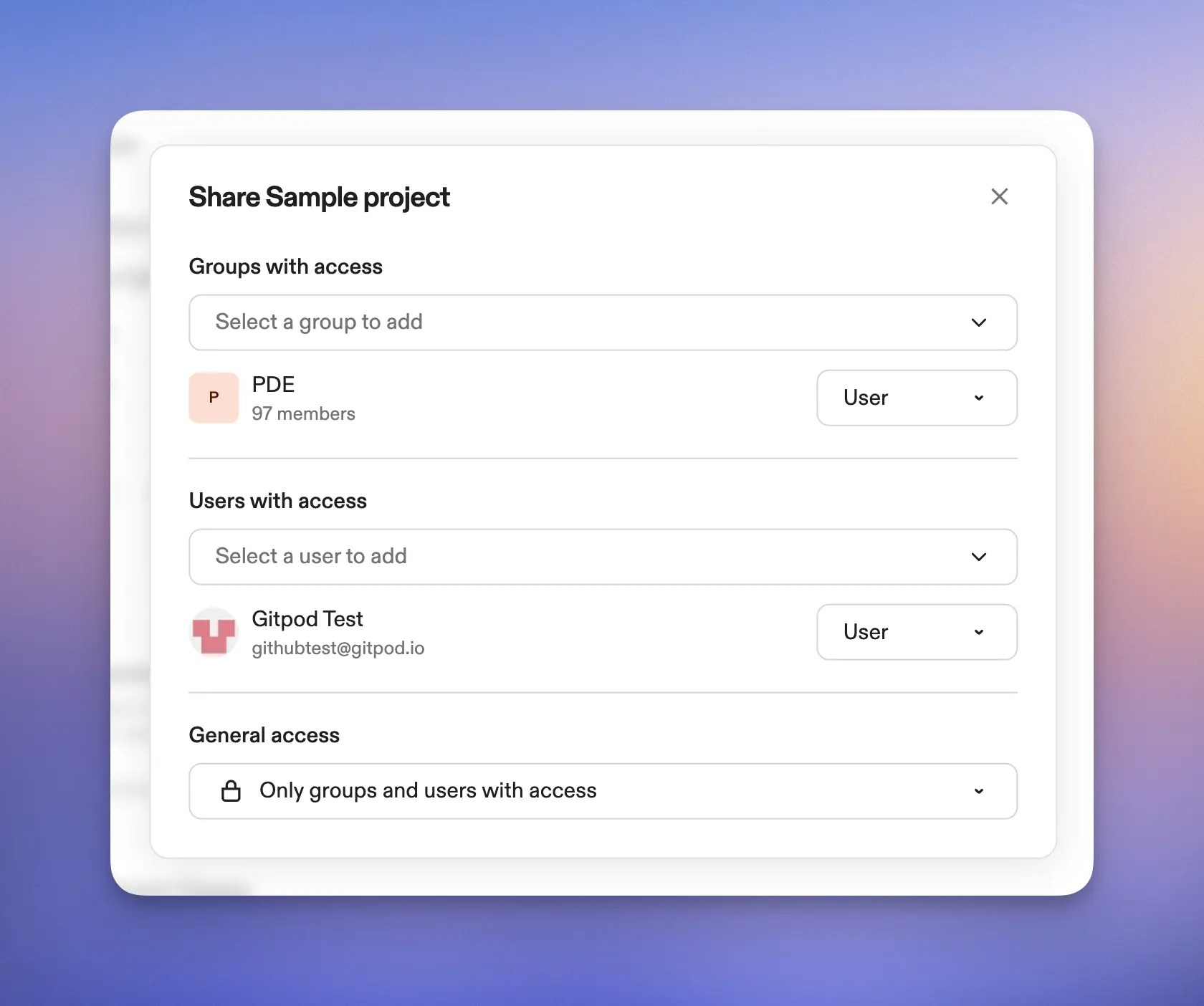 Share dialog showing user and group selection