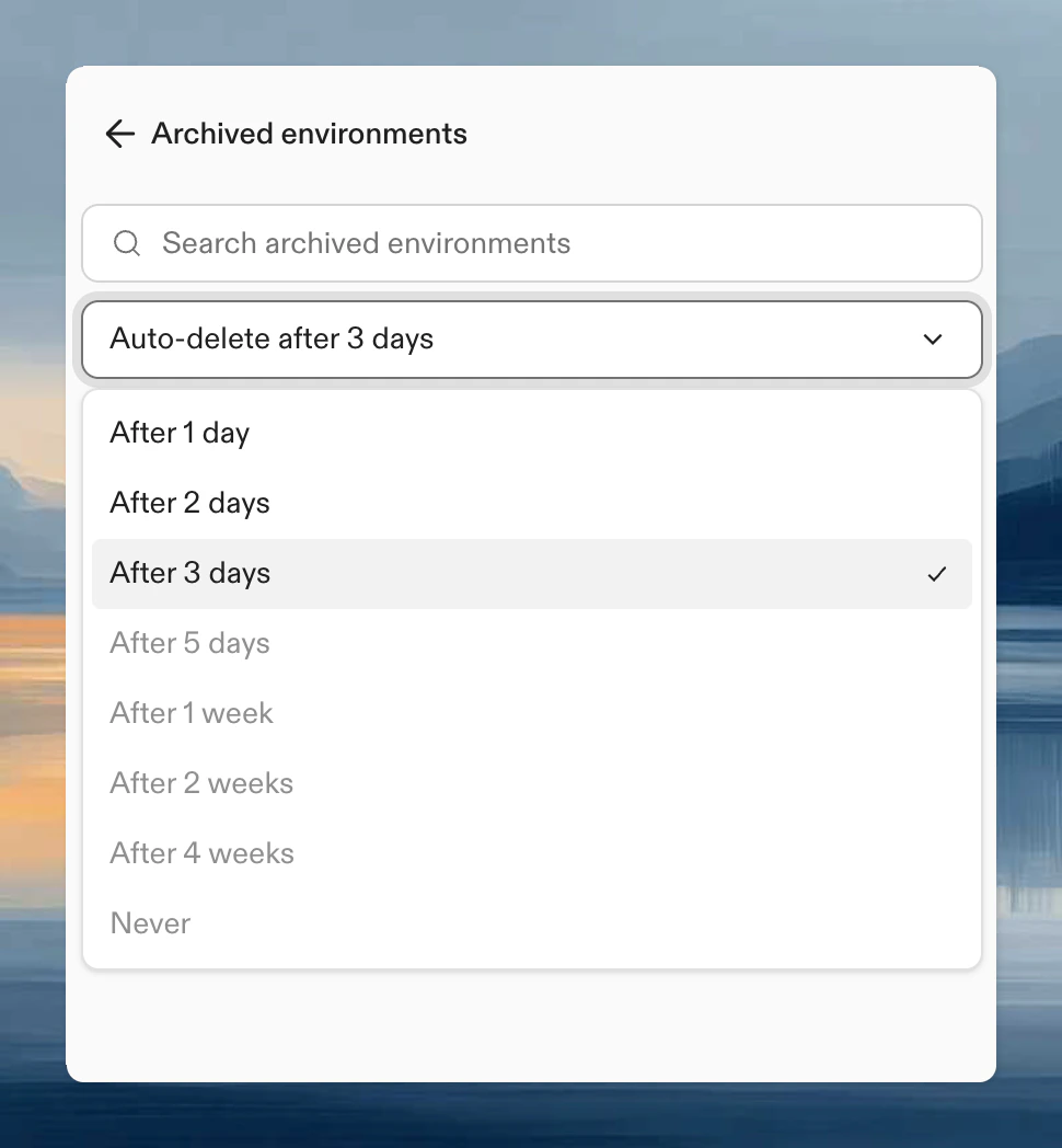 Auto-delete dropdown showing 1 week, 2 weeks, 4 weeks, and Never options