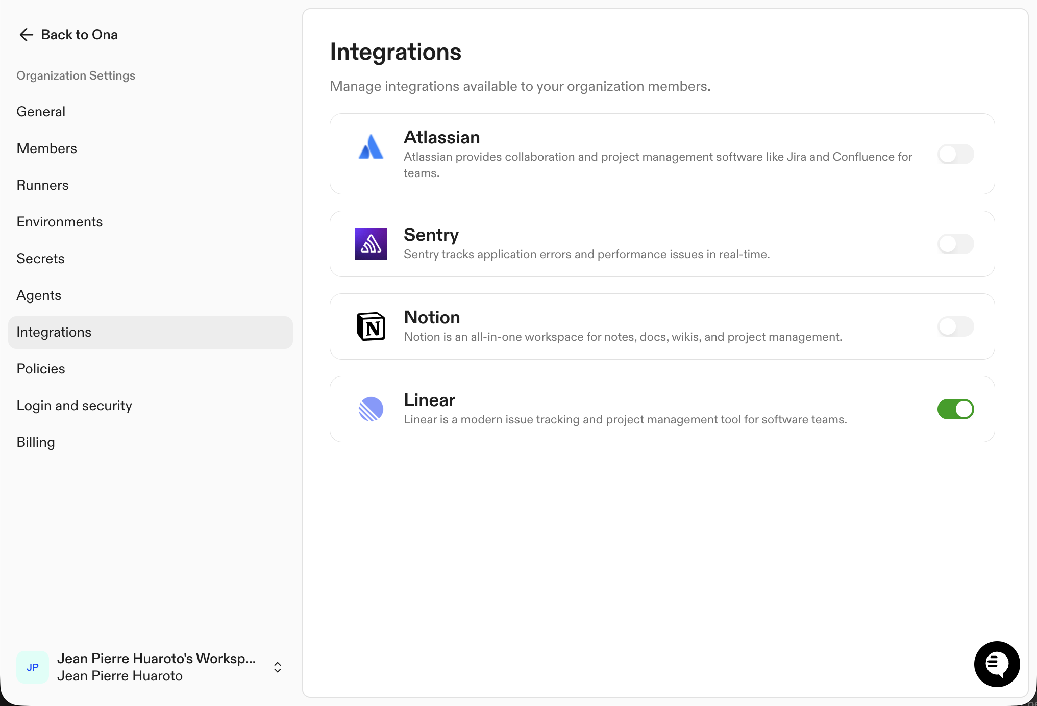 Organization integration settings