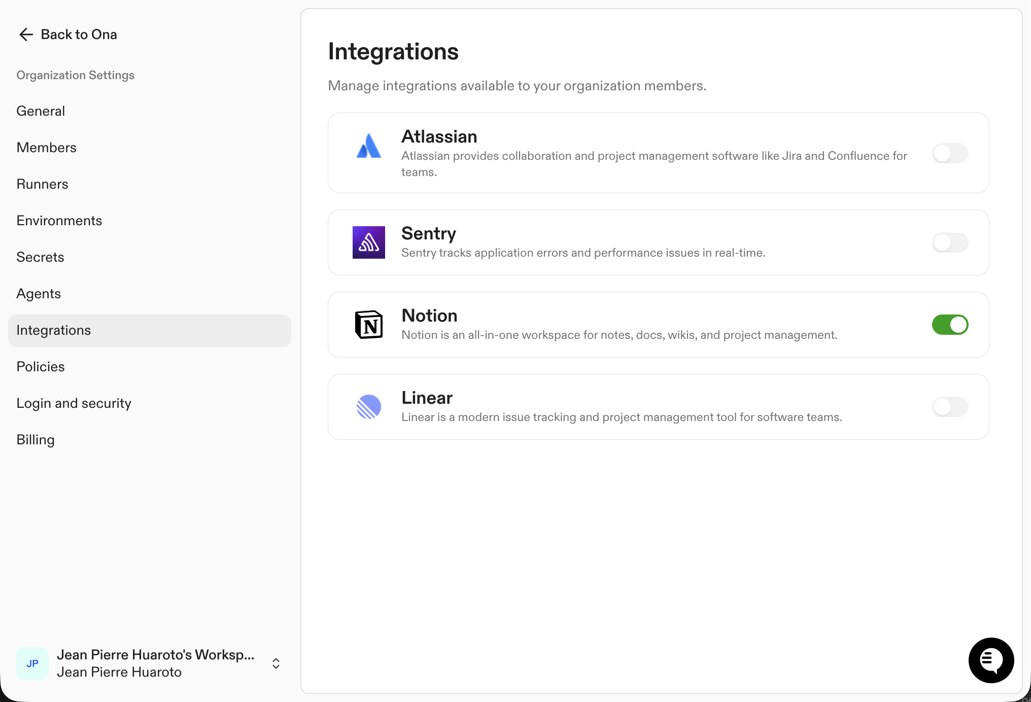Organization integration settings