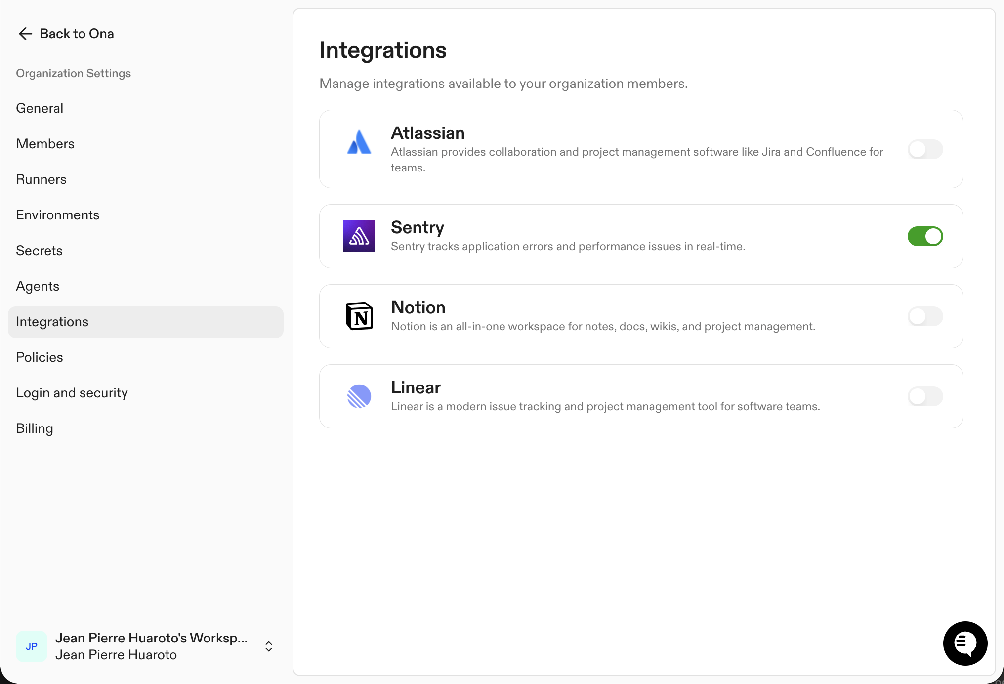 Organization integration settings
