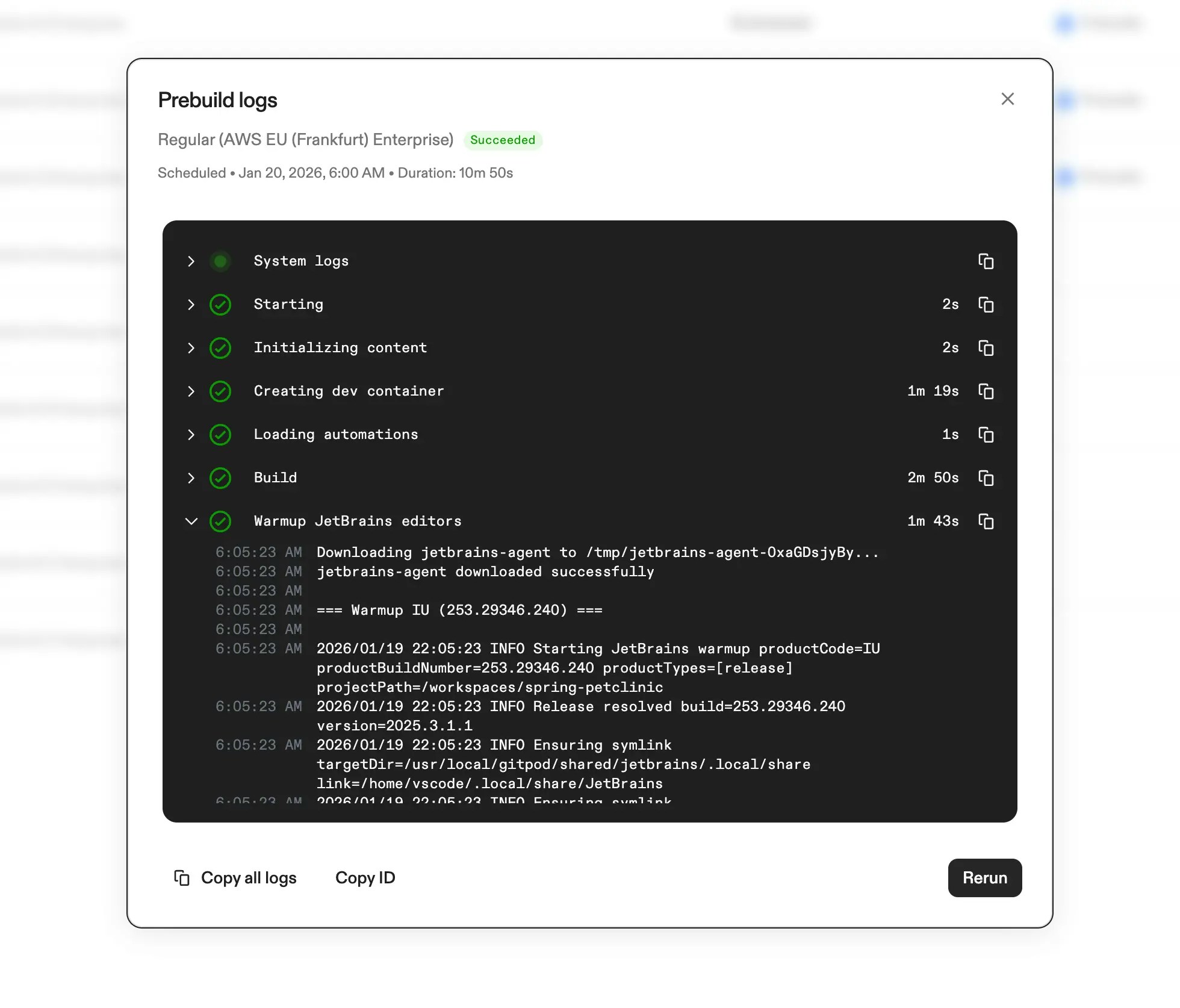Prebuild JetBrains warmup logs