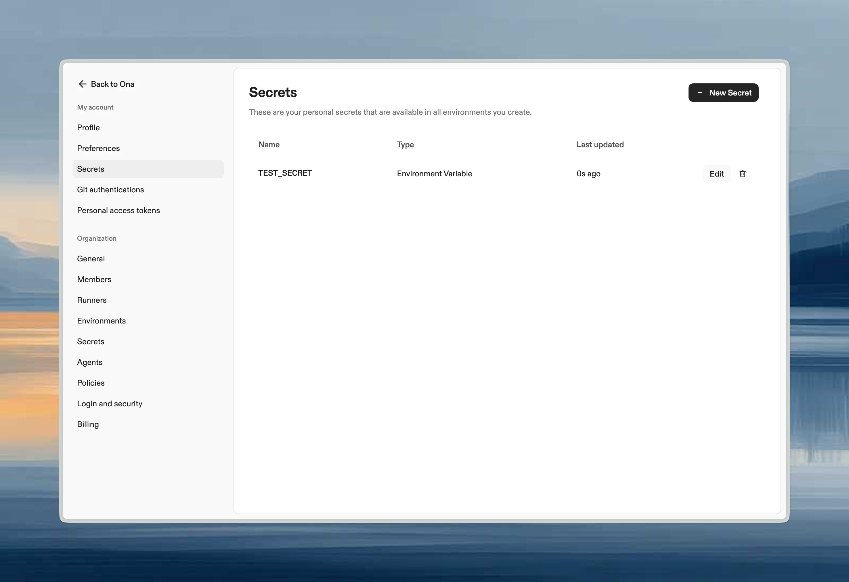 User secrets settings page showing list of personal secrets with type and name columns