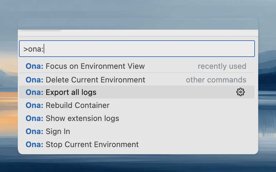 VS Code command palette showing available Ona commands