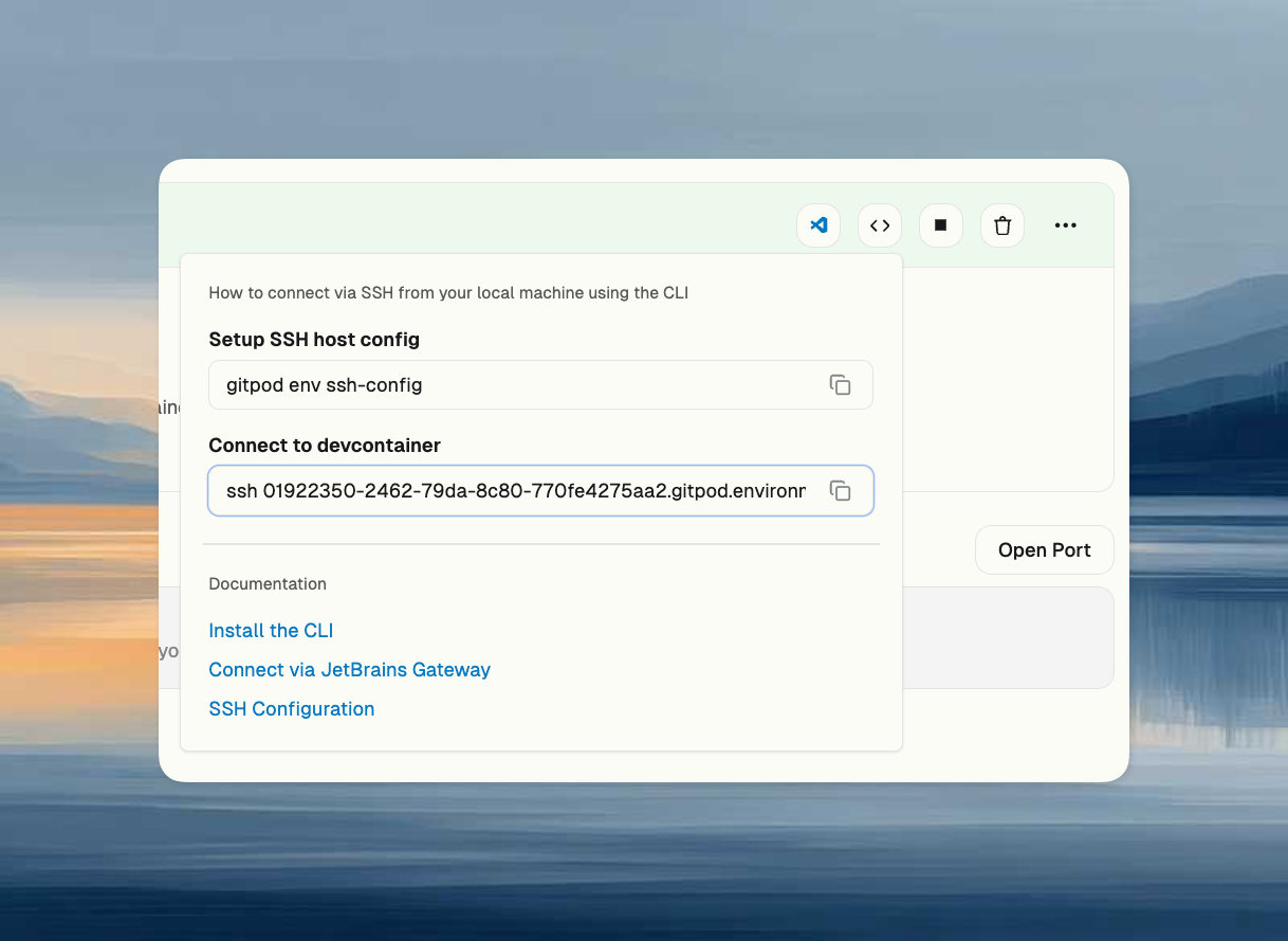 Environment details page showing SSH host ID with copy button