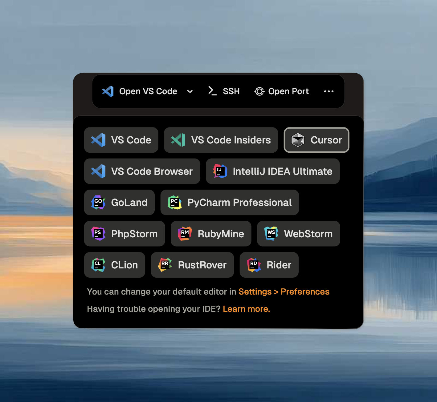 Editor dropdown showing Cursor option in the action bar