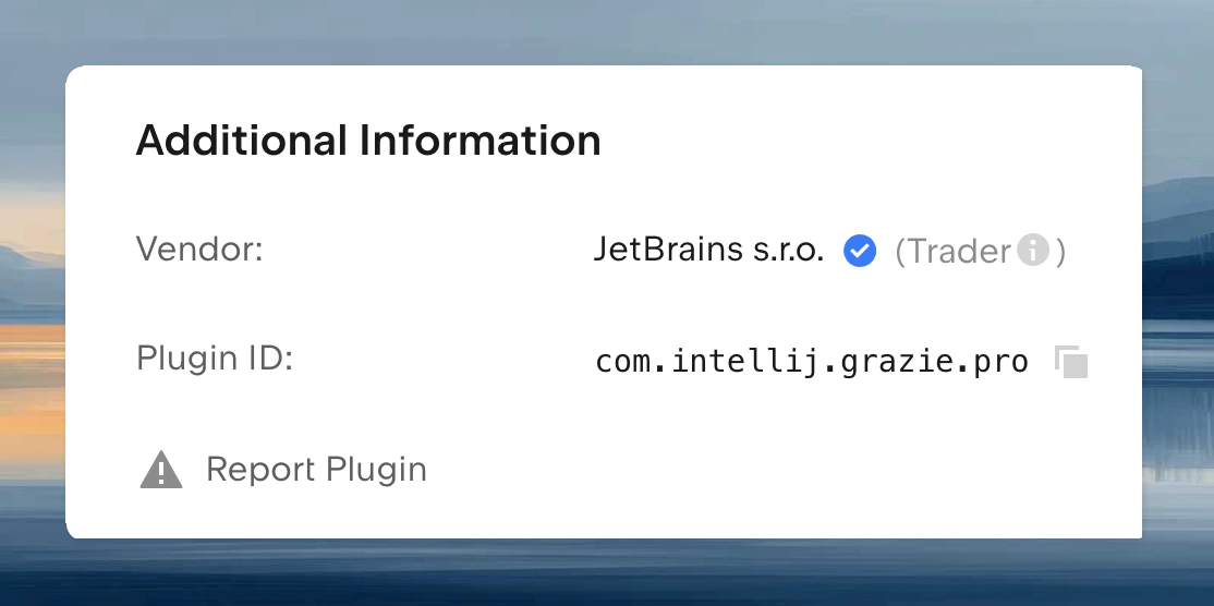 JetBrains Marketplace plugin page showing Plugin ID in Additional Information section